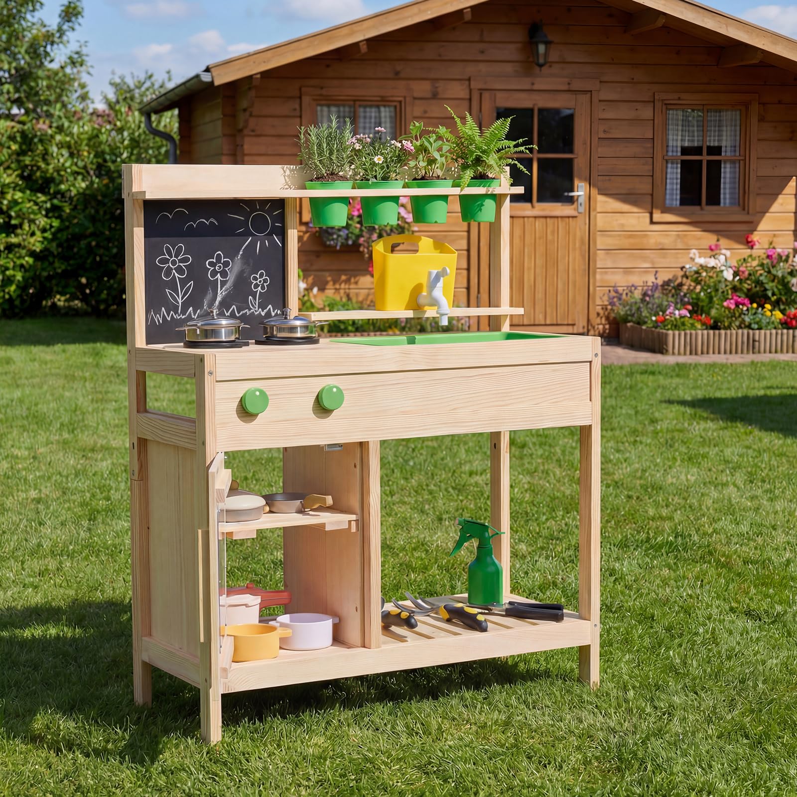 RELAX4LIFE Cucina Giocattolo per Bambini, Set di Cucina in Legno Massiccio con Lavagna, Serbatoio d’Acqua, Lavello Rimovibile, Giocattolo Educativo da Giardino e Balcone per Bambini 3+ Anni
