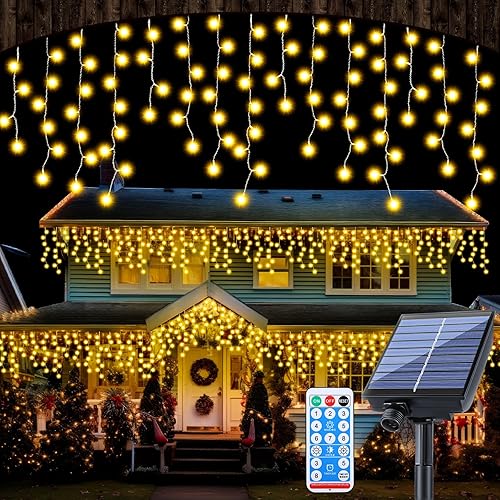Retisee Luz solar de Navidad de carámbano blanco cálido de 65 pies para decoración al aire libre, 600 LED impermeable, cortina de Navidad, tira de