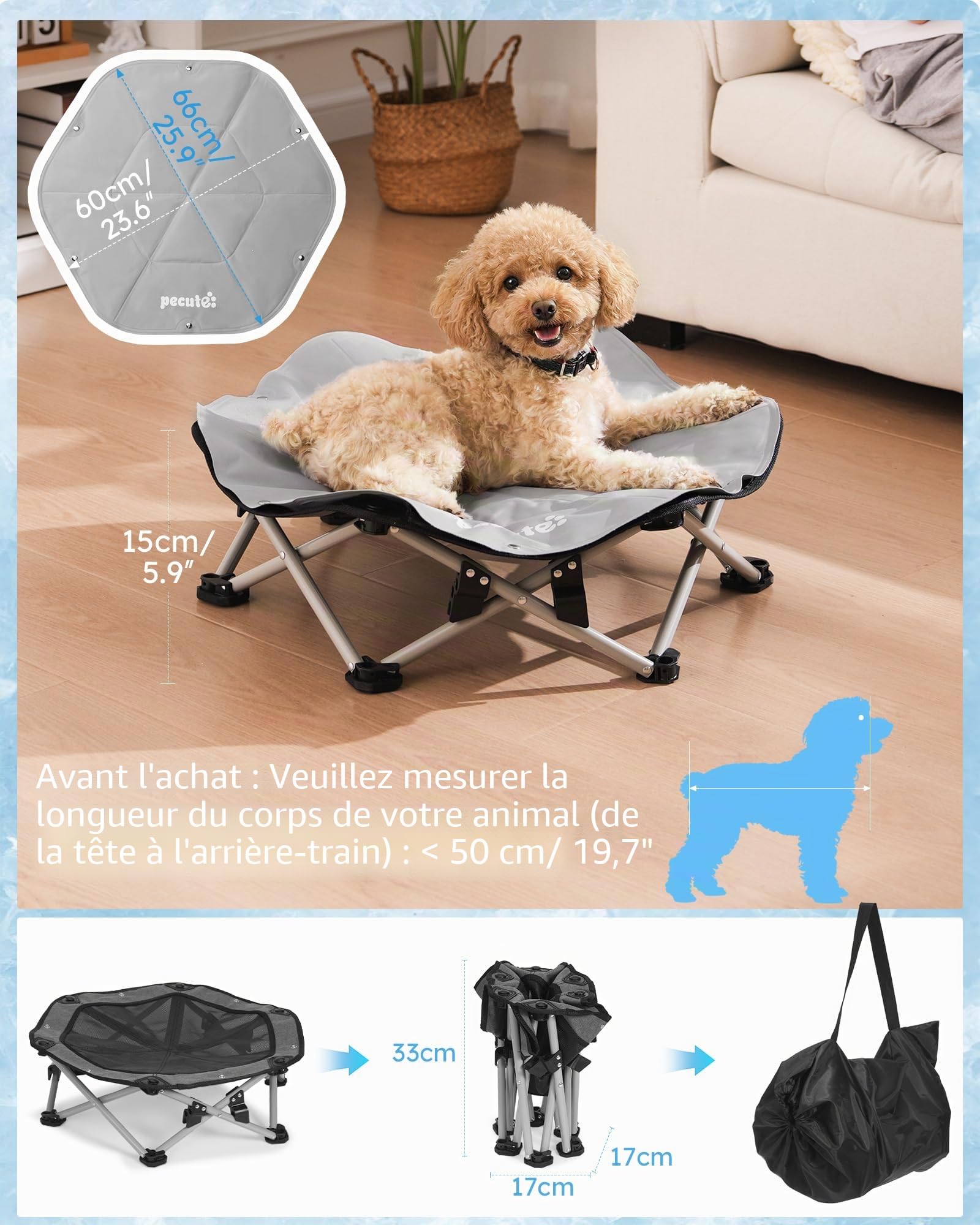 Pecute Tapis Rafraichissant Chien avec Lit Chien Sureleve Rafraîchissant, Panier Chien Pliable Portable, Respirant Antidérapant, Jusqu'à 60 kg, Intérieur Extérieur, Taille M 66x60x15cm