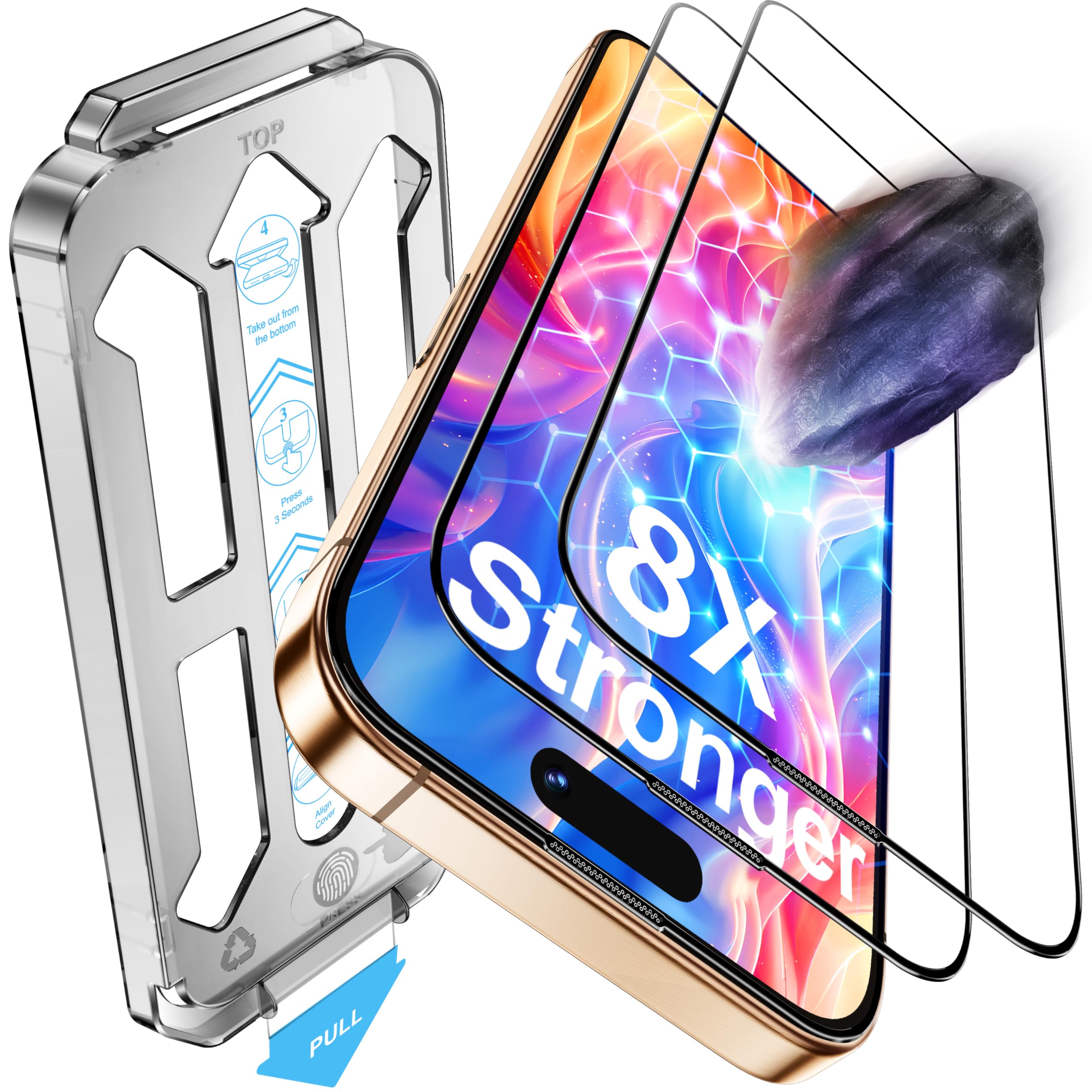 Tentoki Protector Pantalla para iPhone 16 Pro Max, 2 Piezas | Refuerzo Secundario, Cristal Templado de 8 veces más Fuerte, Dureza 9H, Resistente Arañazos, Sin Burbujas, 6,9 Pulgadas Global Recycled Standard Global Recycled Standard Global Recycled Standard