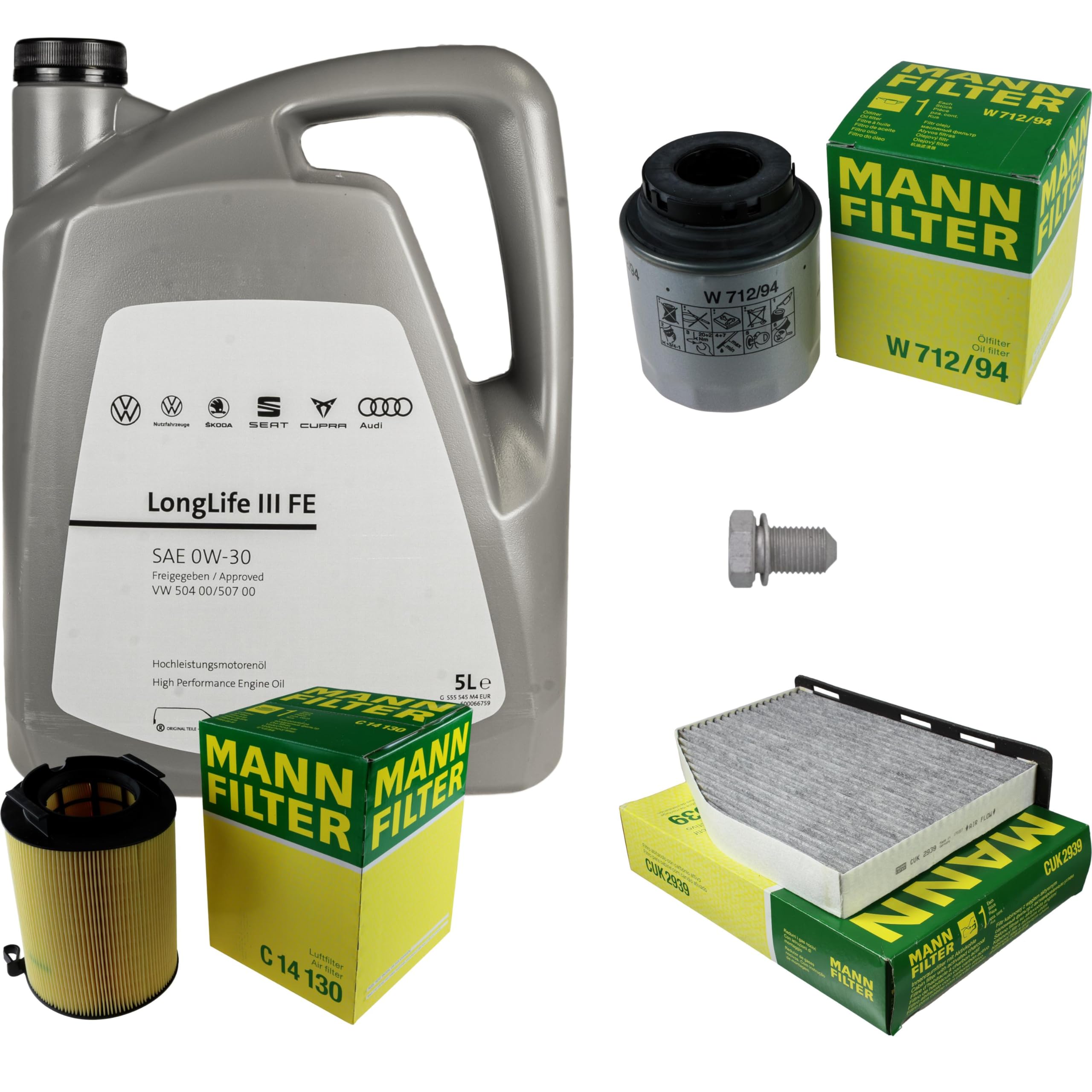 Pacchetto di ispezione pacchetto di manutenzione filtro con 5 l 0W-30 olio motore LongLife 3 FE, filtro dell'olio, filtro dell'aria abitacolo (carbone attivo) vite di scarico dell'olio