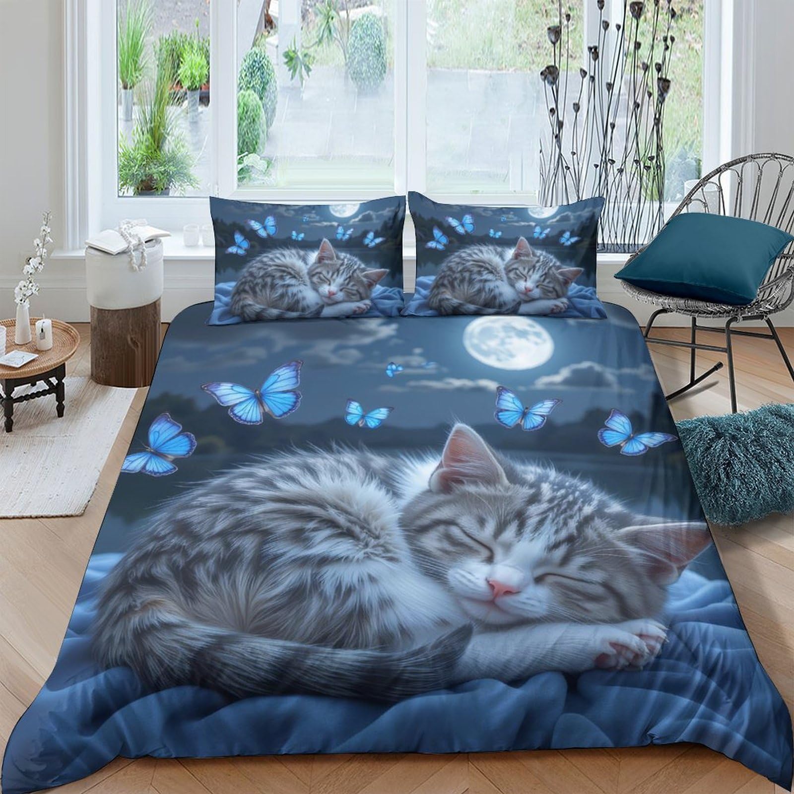 Ctjqhvkz Style-8 3D Printed Sleeping Cat Fitted Sheet Microfiber Blue Moonlight Butterfly Mattress Cover For Bedroom Dorm Decor Single（135X200cm）