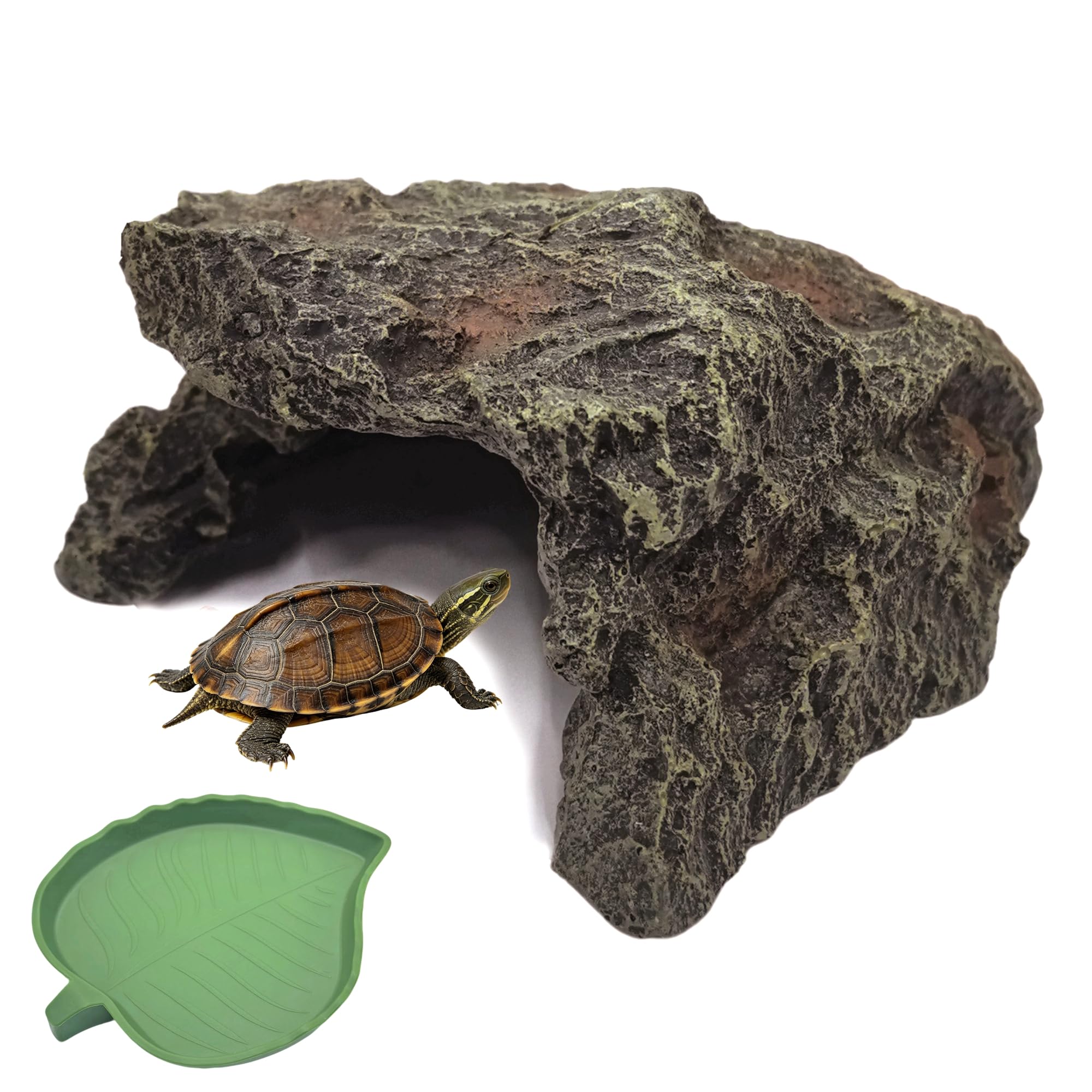 M2cbridge Aquarium Fish Hide Cave Reptile Hideout Cave Terrarium Amphibians Habitat Decor(Cave+ Water Dish)