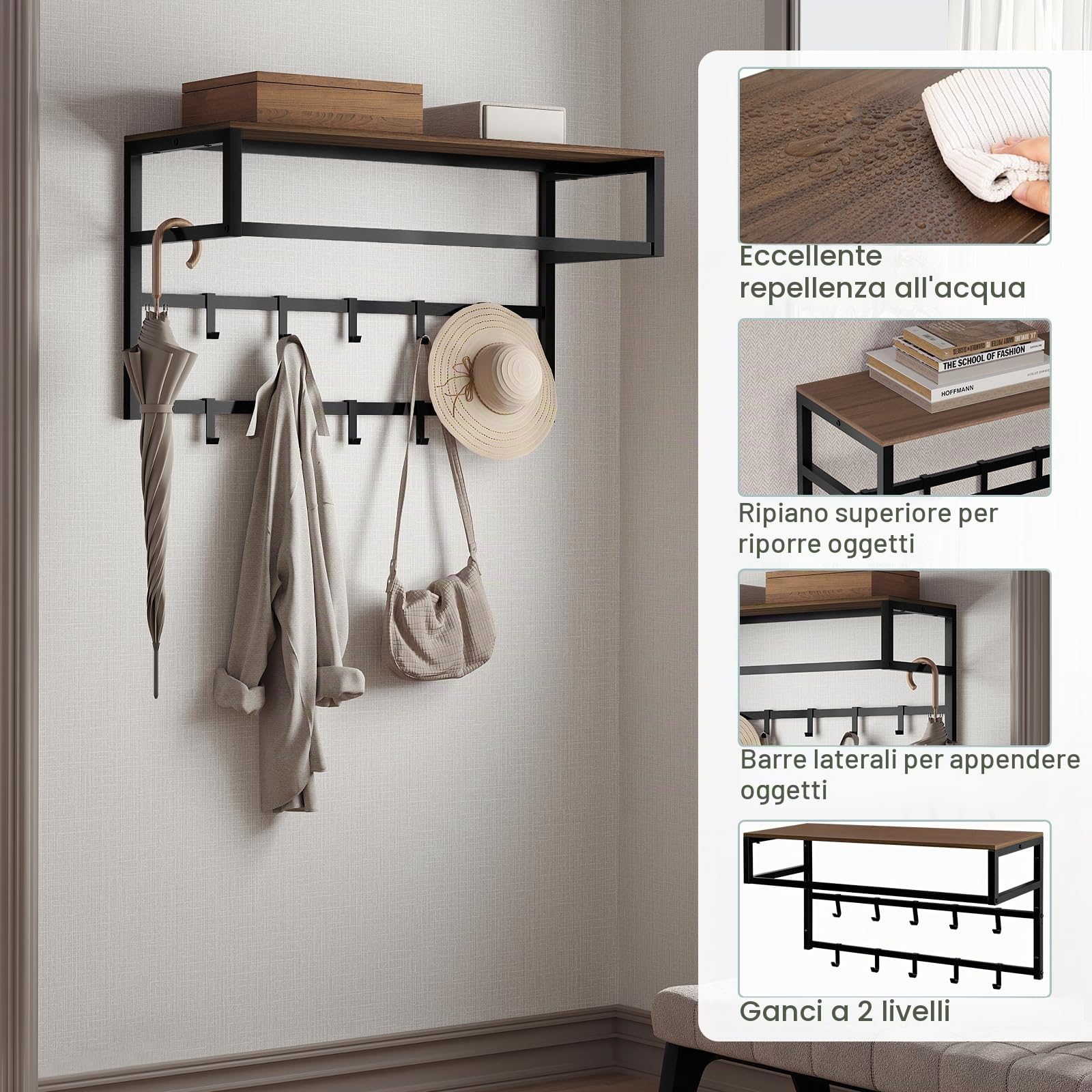eSituro Appendiabiti Parete con Mensola, Attaccapanni da Muro con 10 Ganci, Portachiavi da Parete, Appendi Cappelli, per Ingresso, Corridoio, 80x30x41 cm, Nero+Venature Scure