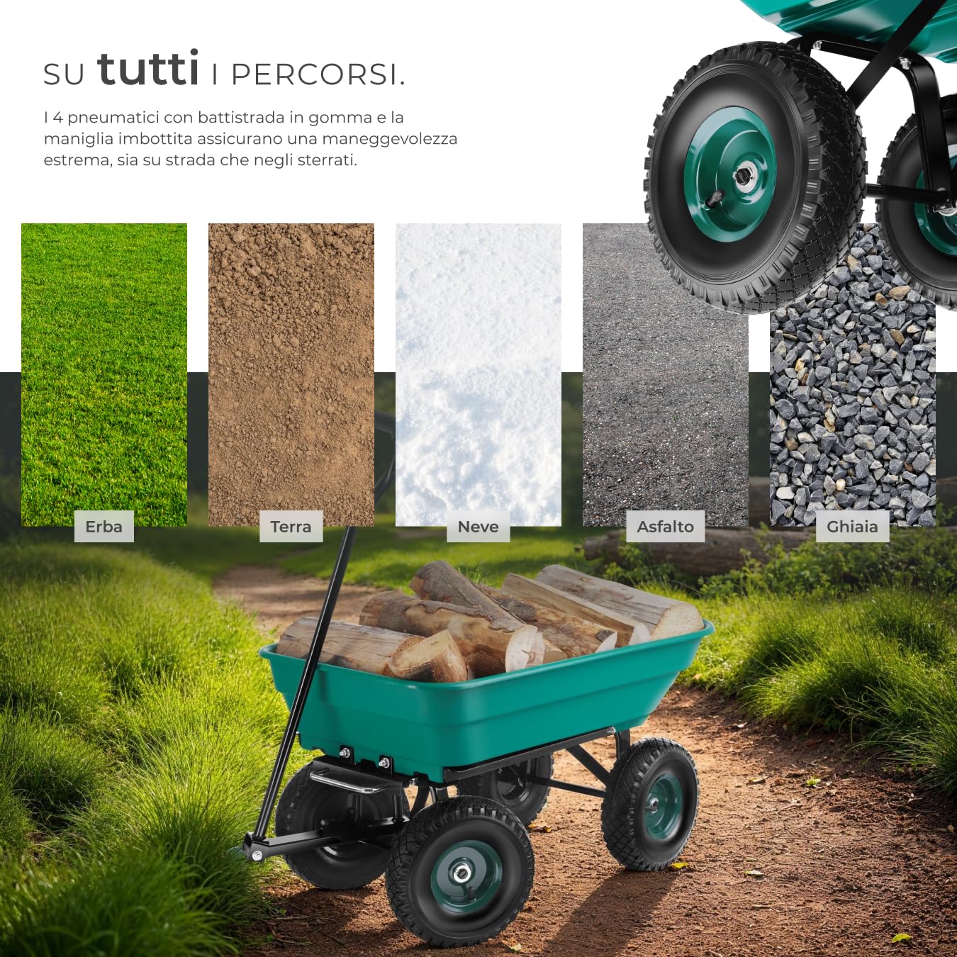 tectake® Carretto Giardino - Portata 120kg - Ruote Pneumatiche, Carrellino con Ruote Portatutto, Telaio in Acciaio, Manico Imbottito, Facile da Manovrare, per Giardino e Esterno - Verde