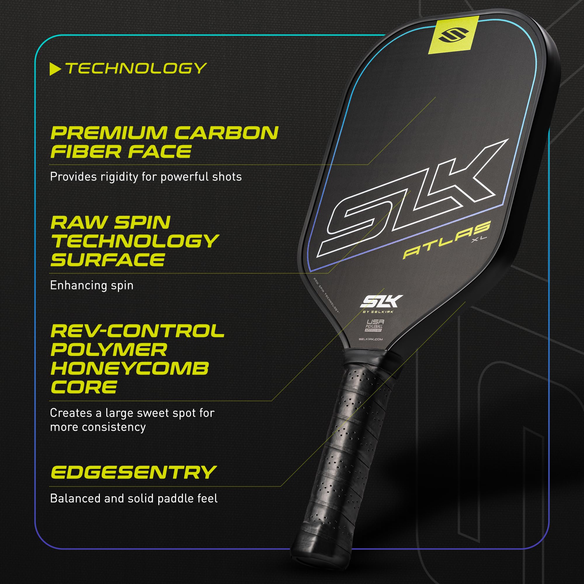 2025 SLK Atlas Pickleball-Paddel von Selkirk Sport | Pickleball-Paddel aus Kohlefaser | G5 Raw Carbon-Gesicht & Rev-Control Polymer-Wabenkern Pickleballschläger