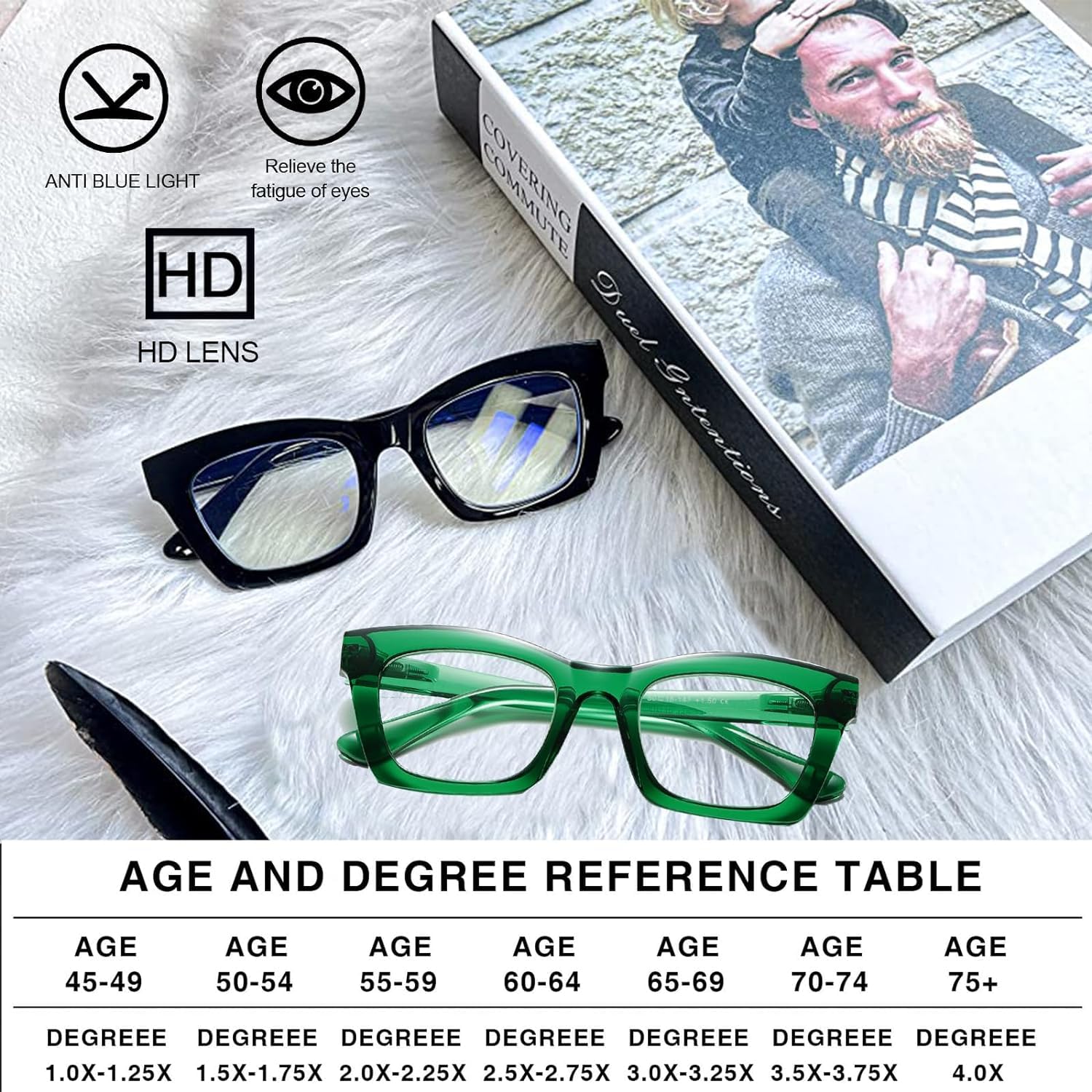 Hubeye Gafas de lectura para Mujeres de Moda Anteojos de lectura con Bisagra de resorte ultraligeras anti luz azul (Negro+Verde, 2.50) — view 6