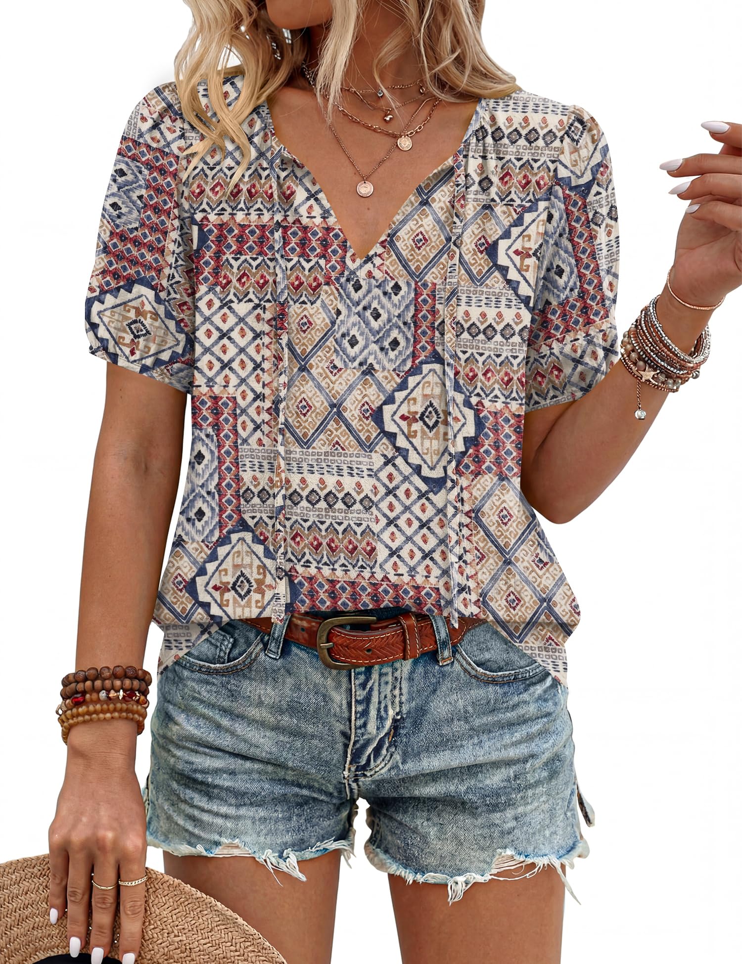 Rapbin Bluse Damen Sommer Boho V-Ausschnitt Vorn Gebunden Oberteile Kurzarm Lässige Lockere Fließende Tunika Tops Damenblusen Elegant