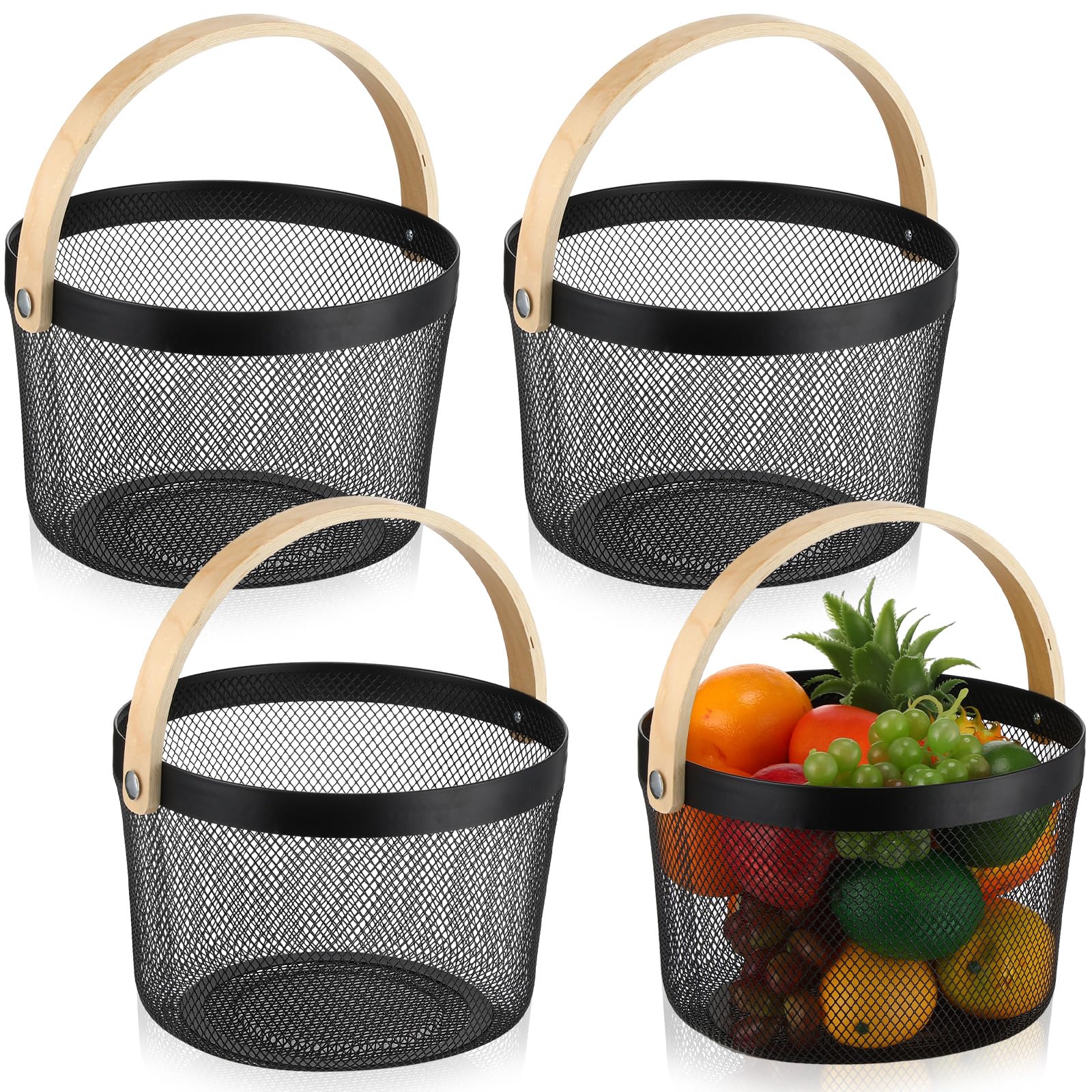 Gejoy 4 Pcs Round Metal Mesh Steel Basket, Hanging Kitchen Fruit Vegetable Harvest Basket Multifunction Storage Organizer with Wooden Handle for Garden Bathroom Picnic Shopping Cabinet Home (Black)