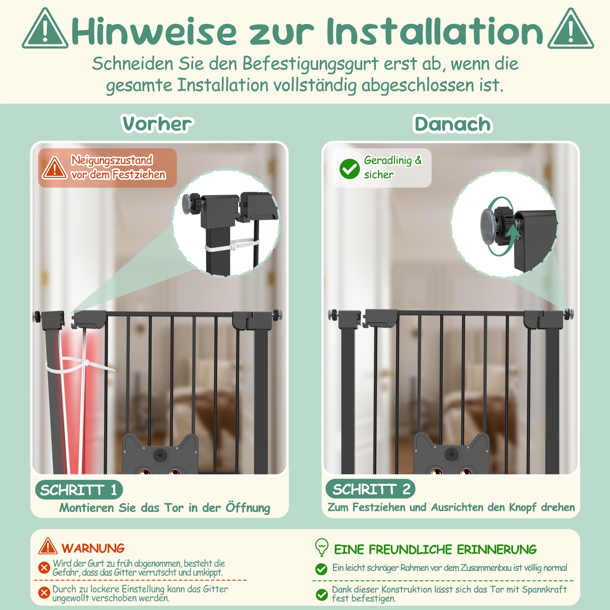 Innen Absperrgitter mit 30cm Verlängerung ohne Bohren, Türschutzgitter mit individuell gestaltbarer Schiebetür, zweiseitig schwenkbar Auto-Close, 105–115 cm Schwarz