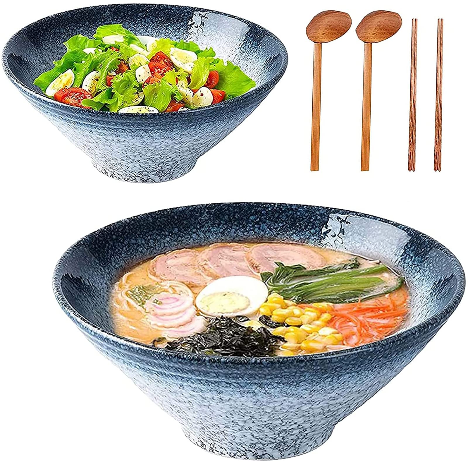Ensemble De Bols À Ramen De Style Japonais, Bol À Soupe en Porcelaine 2 Pièces, Adapté pour Pho, Udon, Soba Ou Flocons D’Avoine, Cuillère Bleue avec Baguettes
