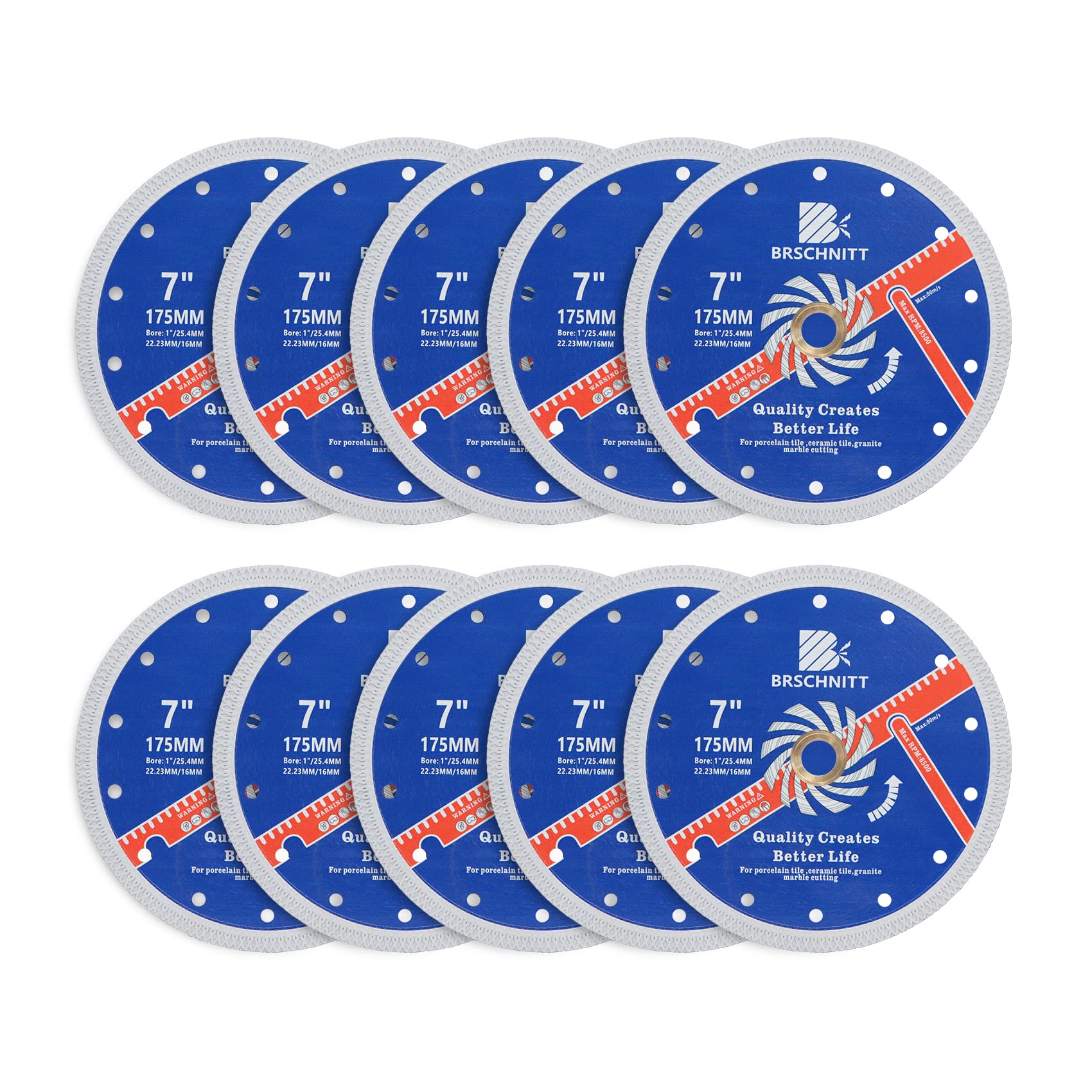 Super Thin Diamond Porcelain Saw Blade with X Teeth,BRSCHNITT 10pcs 175mm x Arbor 25.4mm-22.23mm-16mm Angle Grinder Diamond Cutting Disc for Dry/Wet Cutting Porcelain Tile Ceramic Marble Granite