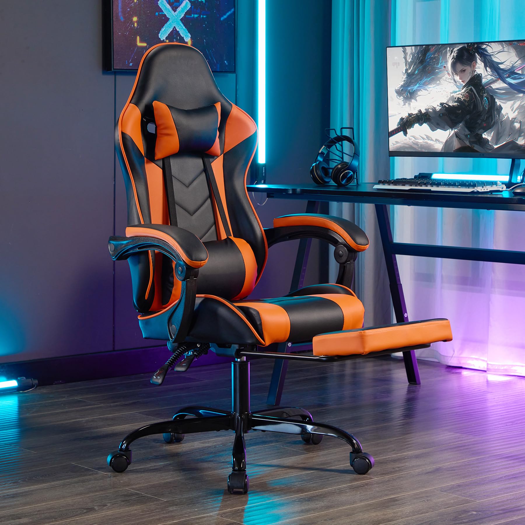 Gaming Chair with Footrest, High Back Ergonomic Computer Chair, Height Adjustable Game Chair with Headrest and Lumbar Support for Office or Gaming (Orange)