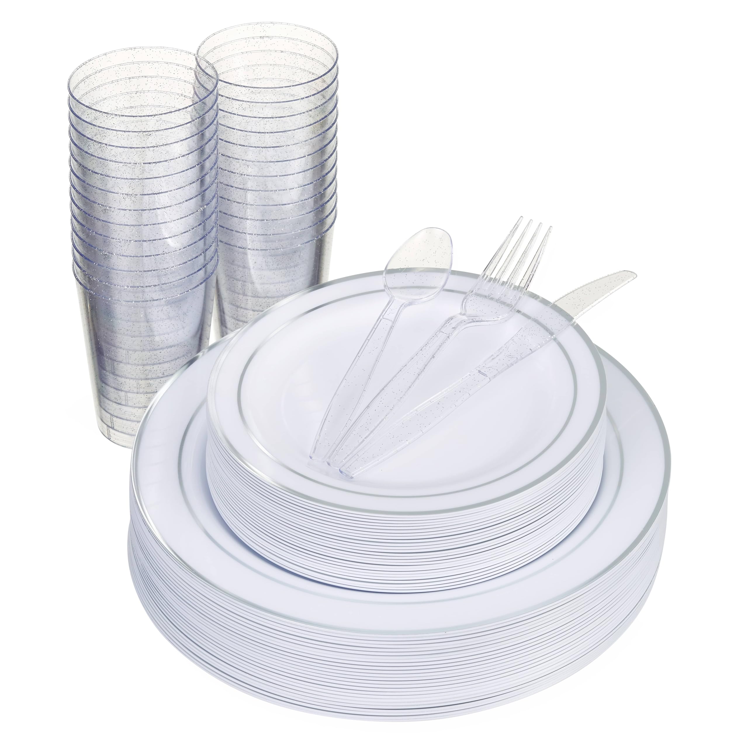 MATANA 300 Pcs Reusable White & Silver Plastic Dinnerware Set for 50 Guests - Dinner Plates, Dessert Plates, 10oz Silver Glitter Cups & Cutlery for Weddings, Birthdays, Christmas & Parties