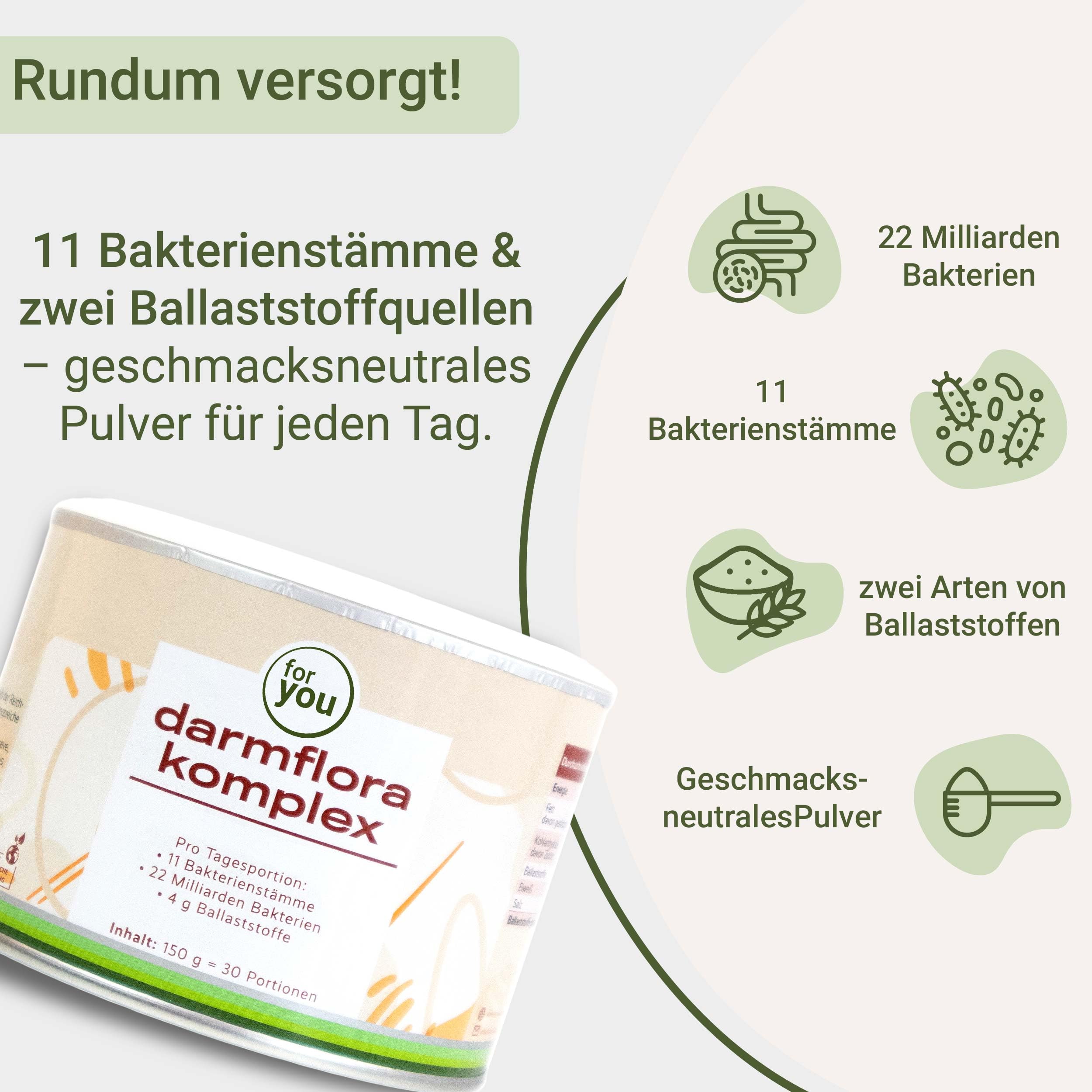 for you darmflora komplex neutral - mit 11 Bakterienstämmen, 22 Milliarden Keimen pro Portion & 2 Arten von Ballaststoffen: resistentes Dextrin aus Mais & Akazienfaser - Ohne Zusätze