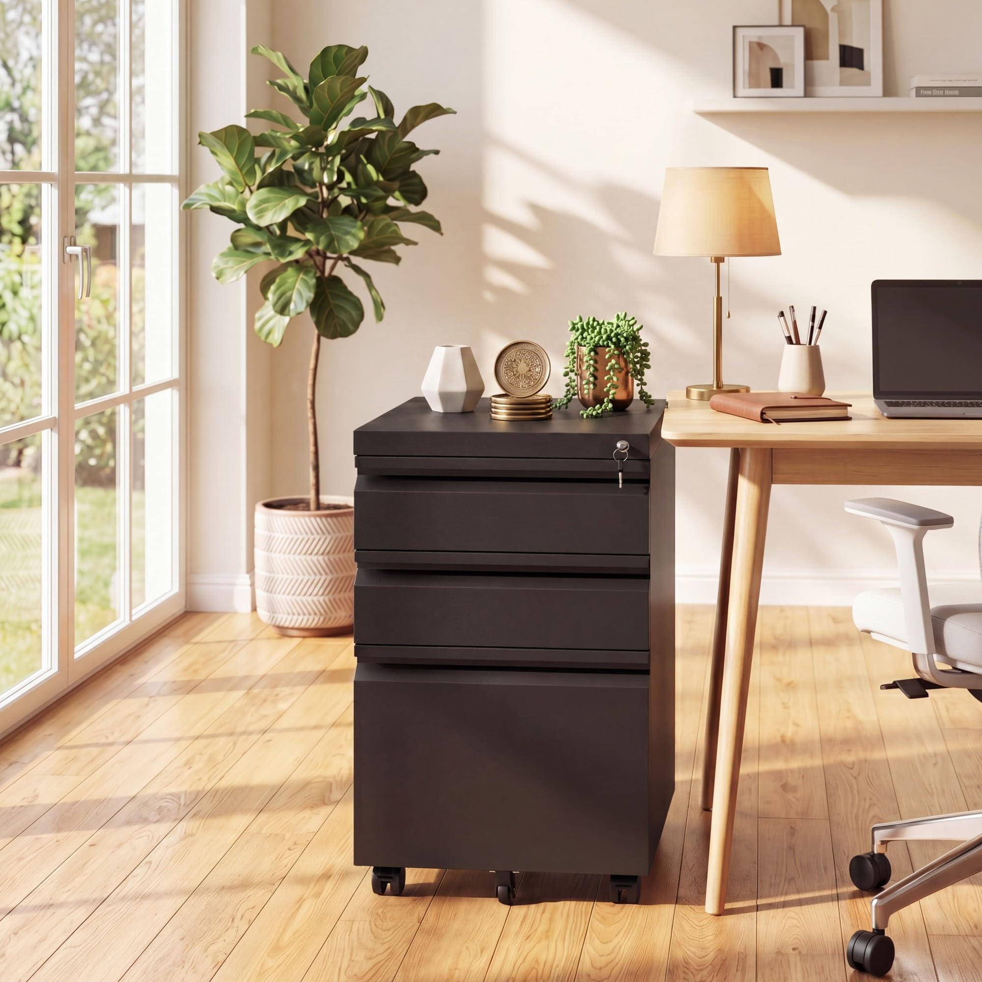 KOMFOTTEU Armario Archivador Móvil con 3 Cajones, Cajonera de Oficina con 5 Ruedas Universales, Cerredura y 2 Llaves, Cómoda Escritorio para Documentos, Soporte Impresora, 44 x 37 x 60 cm (Negro)