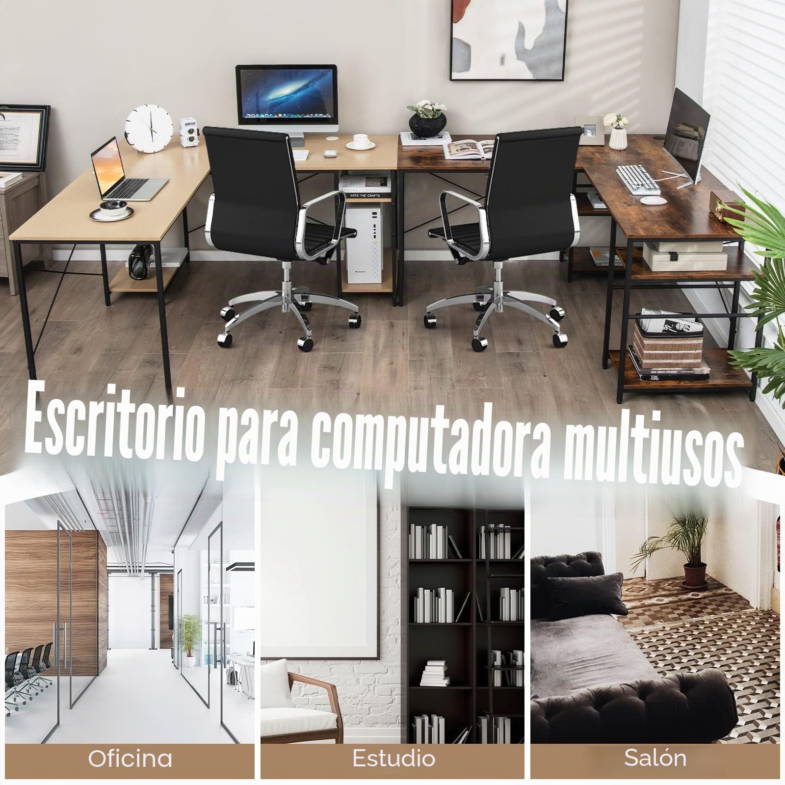 GIANTEX Escritorio Esquinero en Forma de L, Mesa de Computadora Convertible con 4 Estantes y 3 Orificios para Cables, Escritorio de Juegos y Escritura de 2 Personas para Oficina en Casa (Natural)