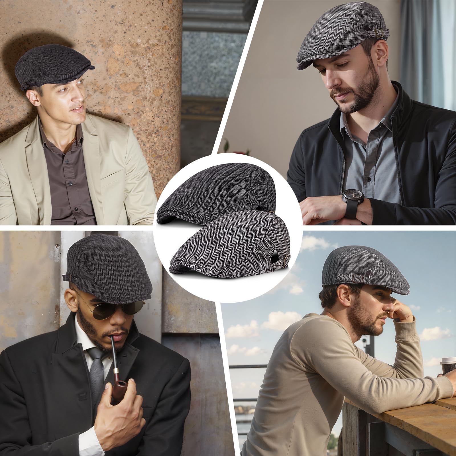 Senker - Confezione da 2 cappelli classici a spina di pesce, in misto lana, piatti, Ivy Gatsby Newsboy Cabbie Driving, D-nero/grigio, taglia unica