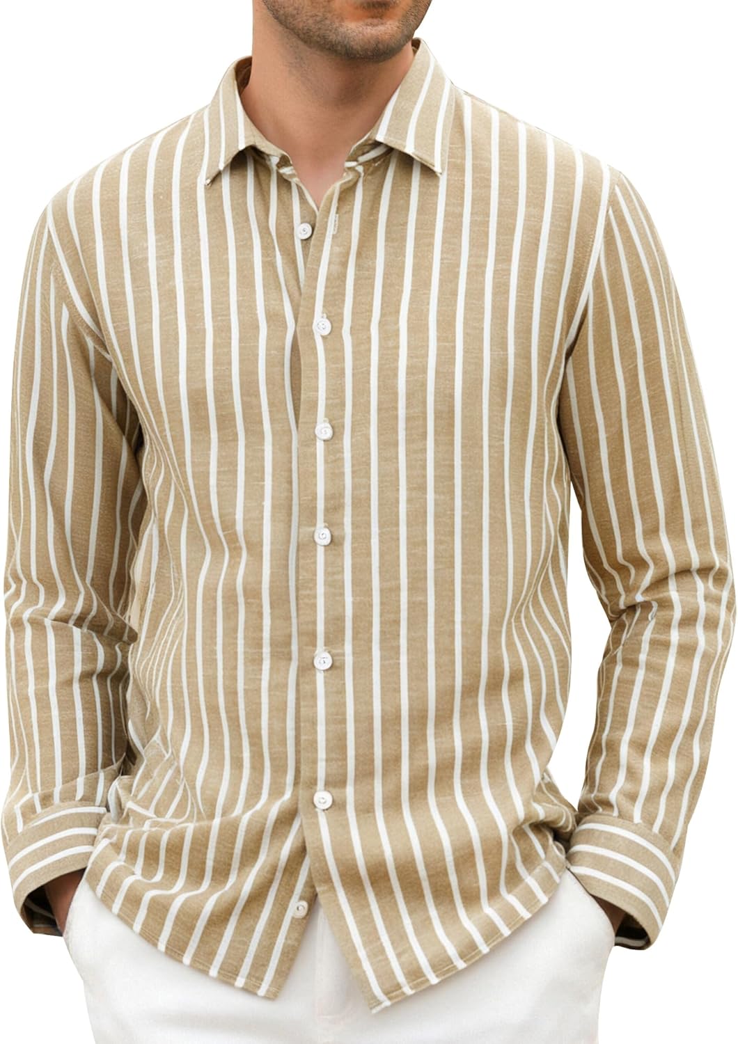 Damipow Mens Linen Cotton Striped Long Sleeve Dress Shirt Casual Button Down Shirt