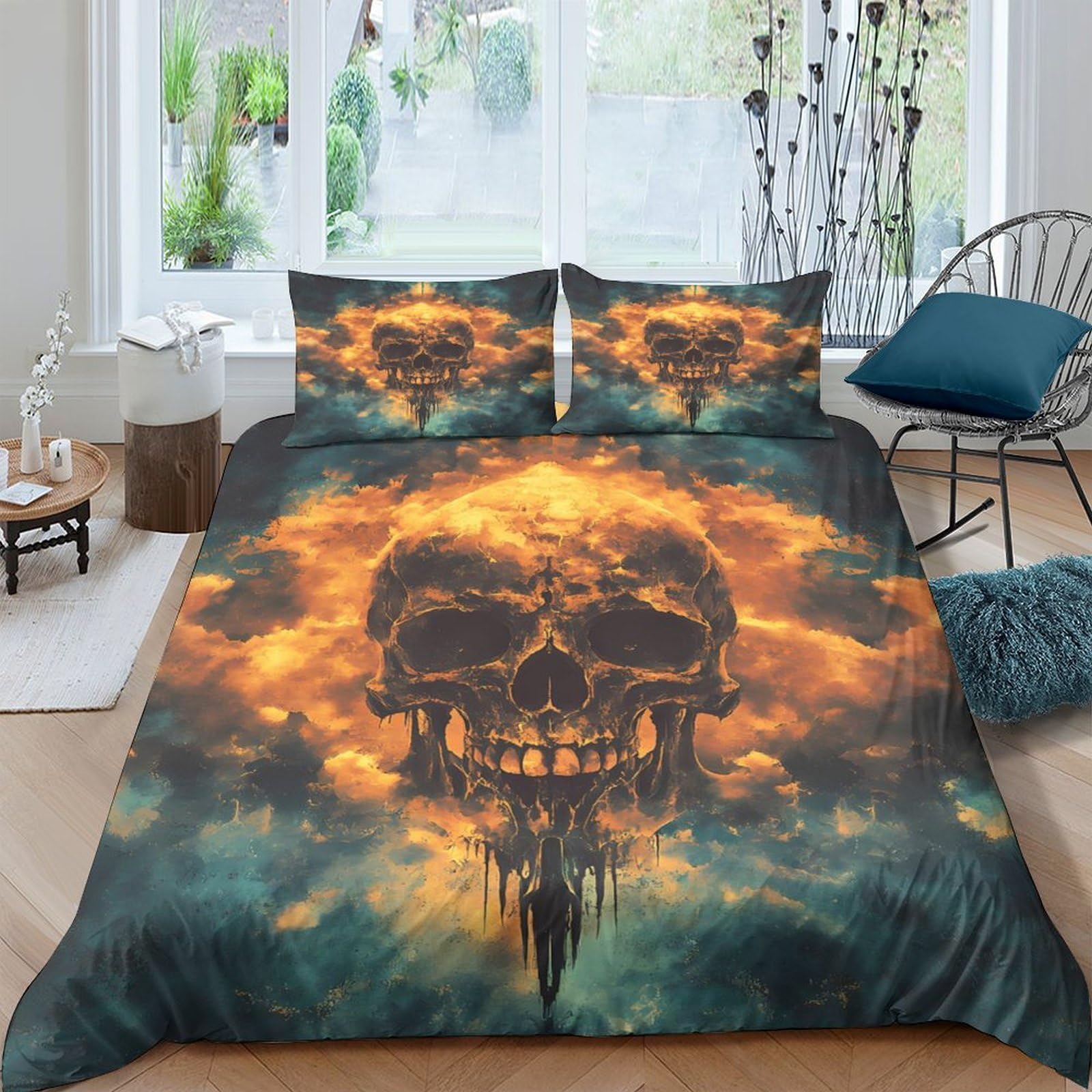 Ctjqhvkz Style-1 3D Printed Fire Skull Fitted Sheet Microfiber Soft Breathable Smoke Skull Mattress Cover For Bedroom Dorm Decor Single（135X200cm）