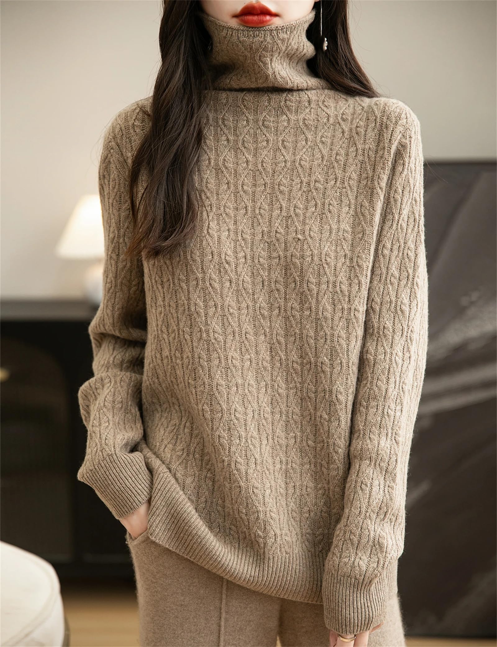 Maglione a collo alto da donna Top Inverno a maniche lunghe Pullover Vintage Knit Maglioni Abbigliamento Femminile