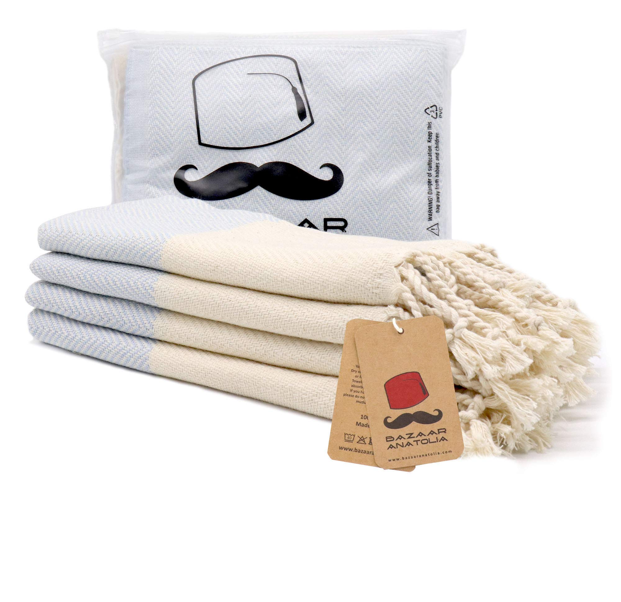 Turkish Hand Towel Set of 4 Herringbone Peshtemal Towel 100% Cotton 45x20" Light Weight Thin Quick Dry Hand Bath Hair Gym Face Tea Kitchen Dishcloth Set Decorative Bathroom Towel (Light Blue)