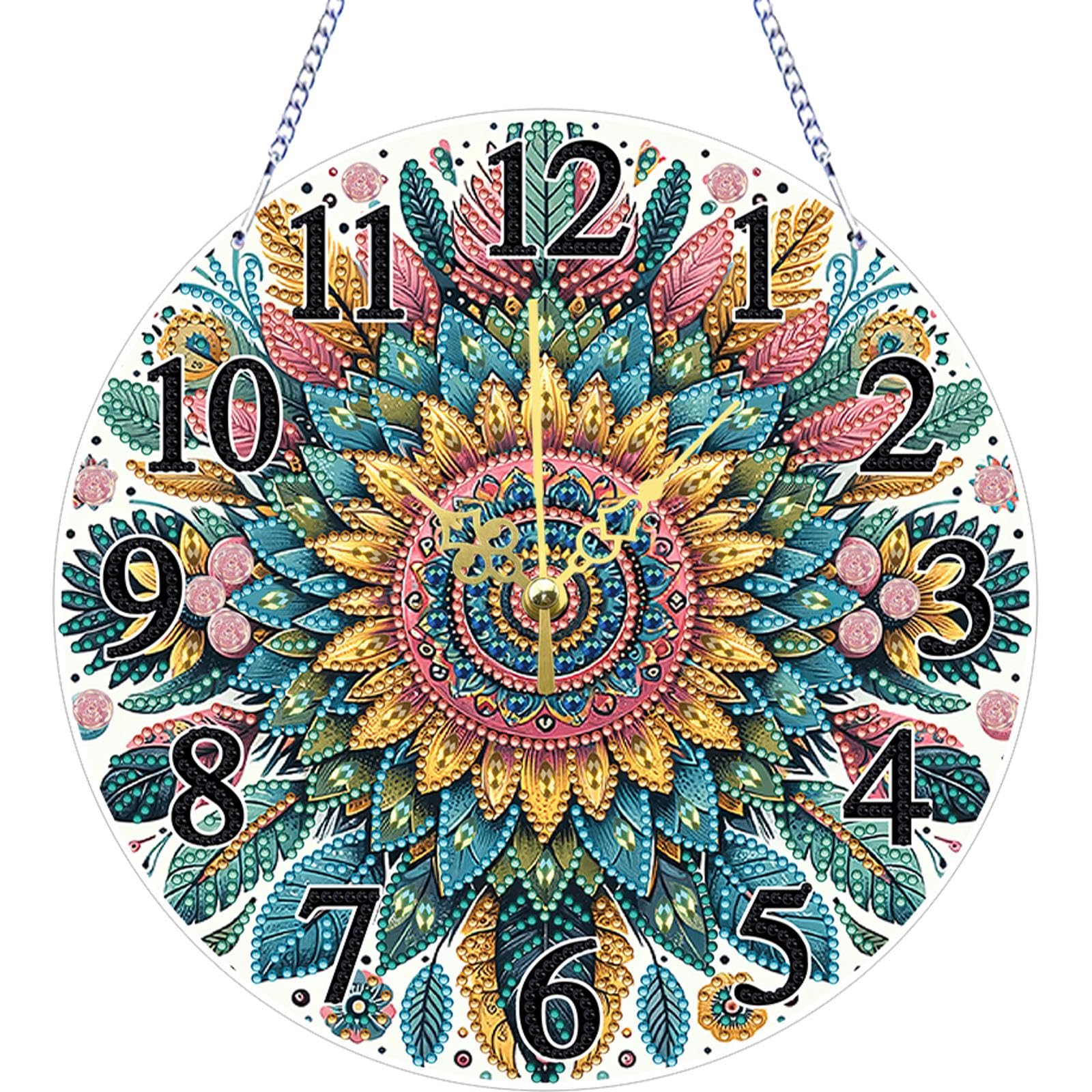 Cn131 5D Diy Diamond Art Kits For Adults - 5D Full Round Drill Diamond Painting Hanging Wall Clock Kit With Numbers, Mosaic Kits For Adults Home Decor - Sunflower