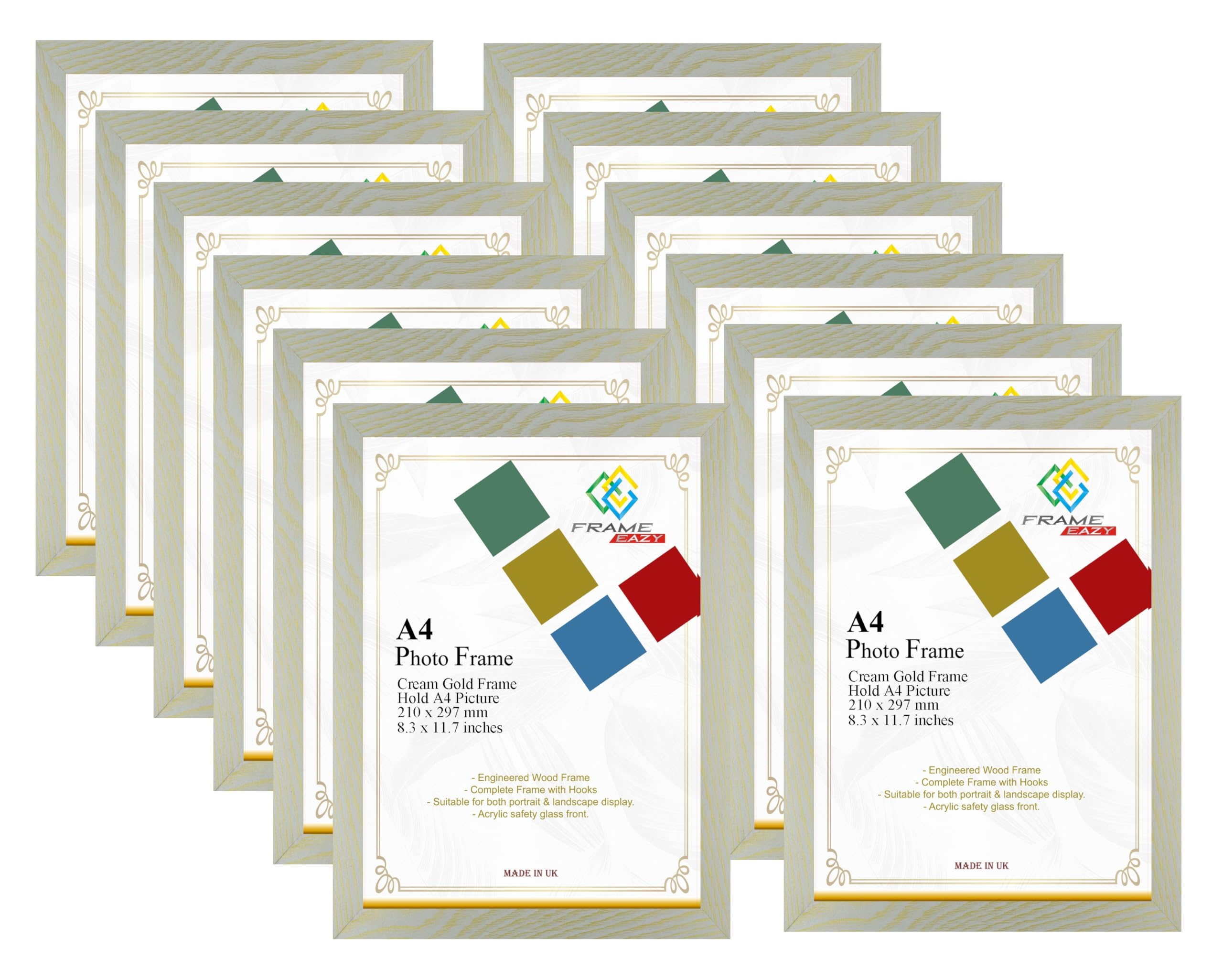 FRAME EAZY Cream Gold Modern A4 Photo Frame Multipack of 12 in Size 29.7 x 21cm Picture Frames - A4 Certificate Frame - Cream Gold Frame with Clear Perspex Sheet & Wall Mounted Hooks - Box of 12