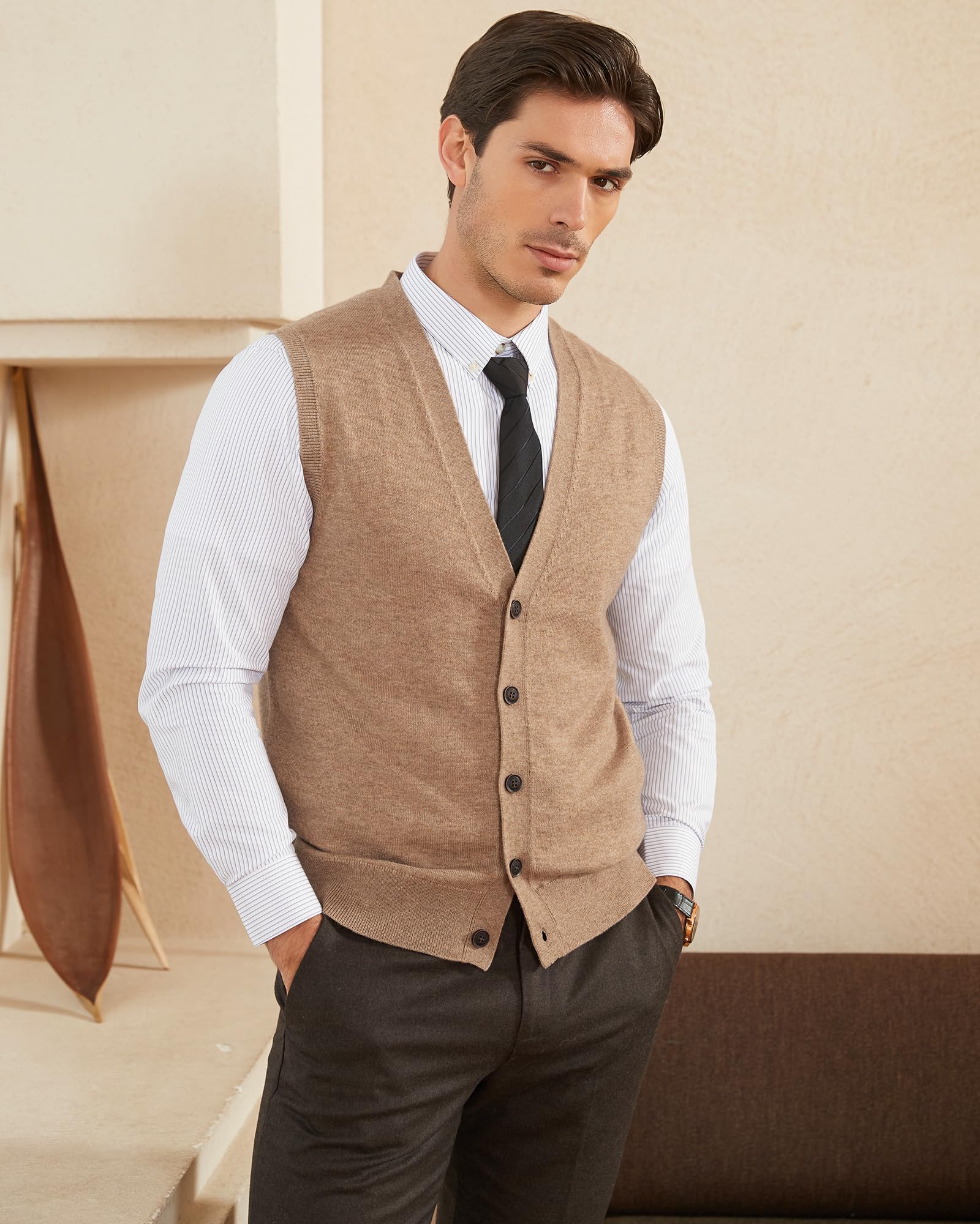 Kallspin Cardigan Homme Mélangé de Laine sans Manches et Col en V Profond Tricoté avec des Boutons