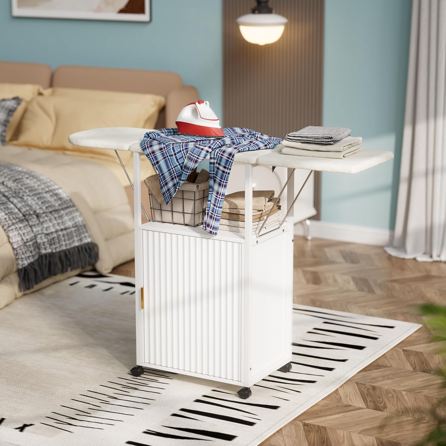 Rolling Ironing Board with Storage Cabinet, Folding Ironing Board with Heat-Resistant Sponge, Craft Table with Storage, Wooden Fold Down Ironing Station, Compact Ironing Table for Laundry Room