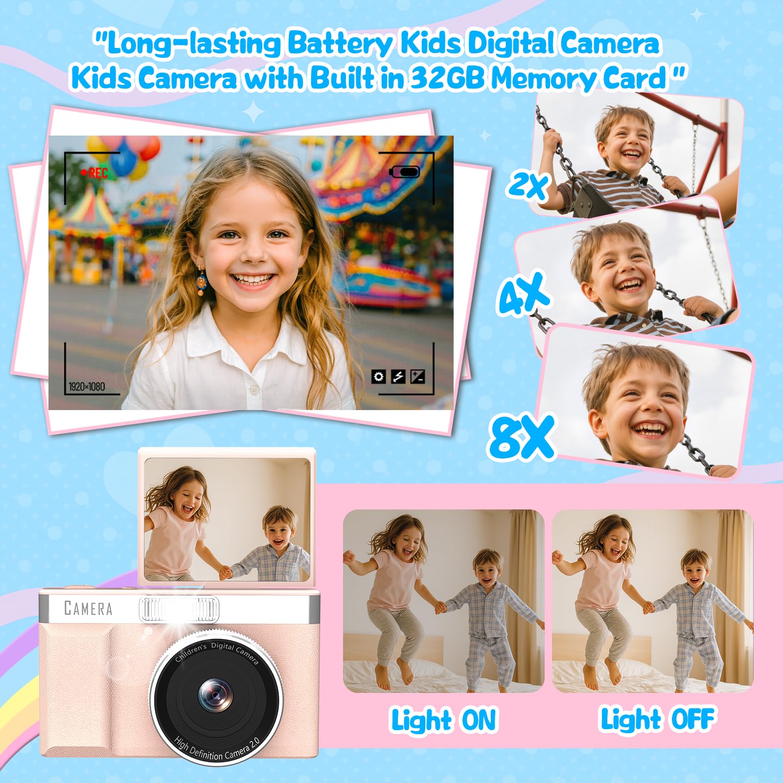 Appareil Photo Enfant Écran Inversable 180°, Carte Mémoire 32GB, Appareil Photo Numérique 1080P HD, Jeux Éducatifs Intégrés, Digital Camera Enfants, Garçons Filles(Rose)