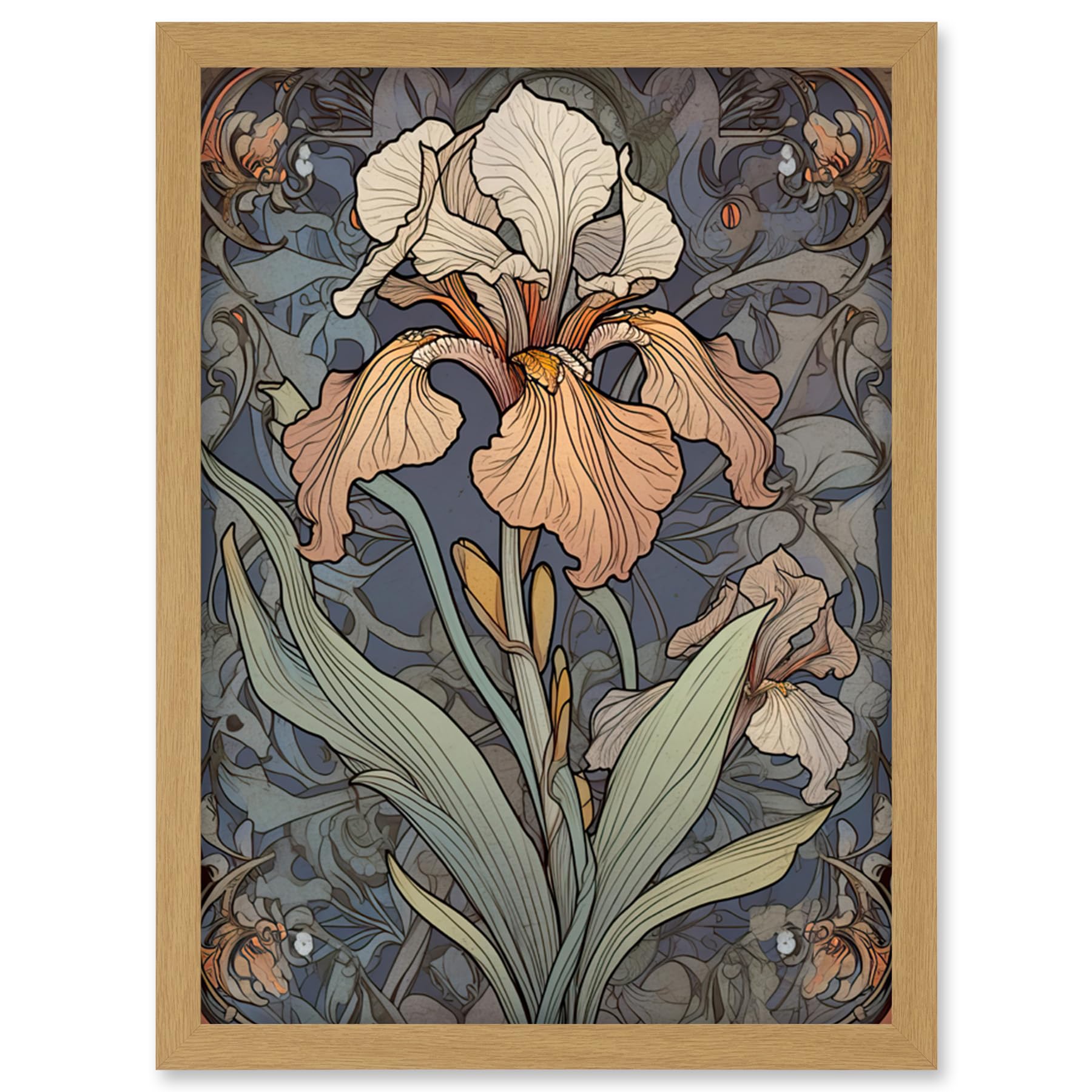 Artery8 Art Nouveau Style Iris Bloom Flower Watercolour Artwork Framed Wall Art Print A4
