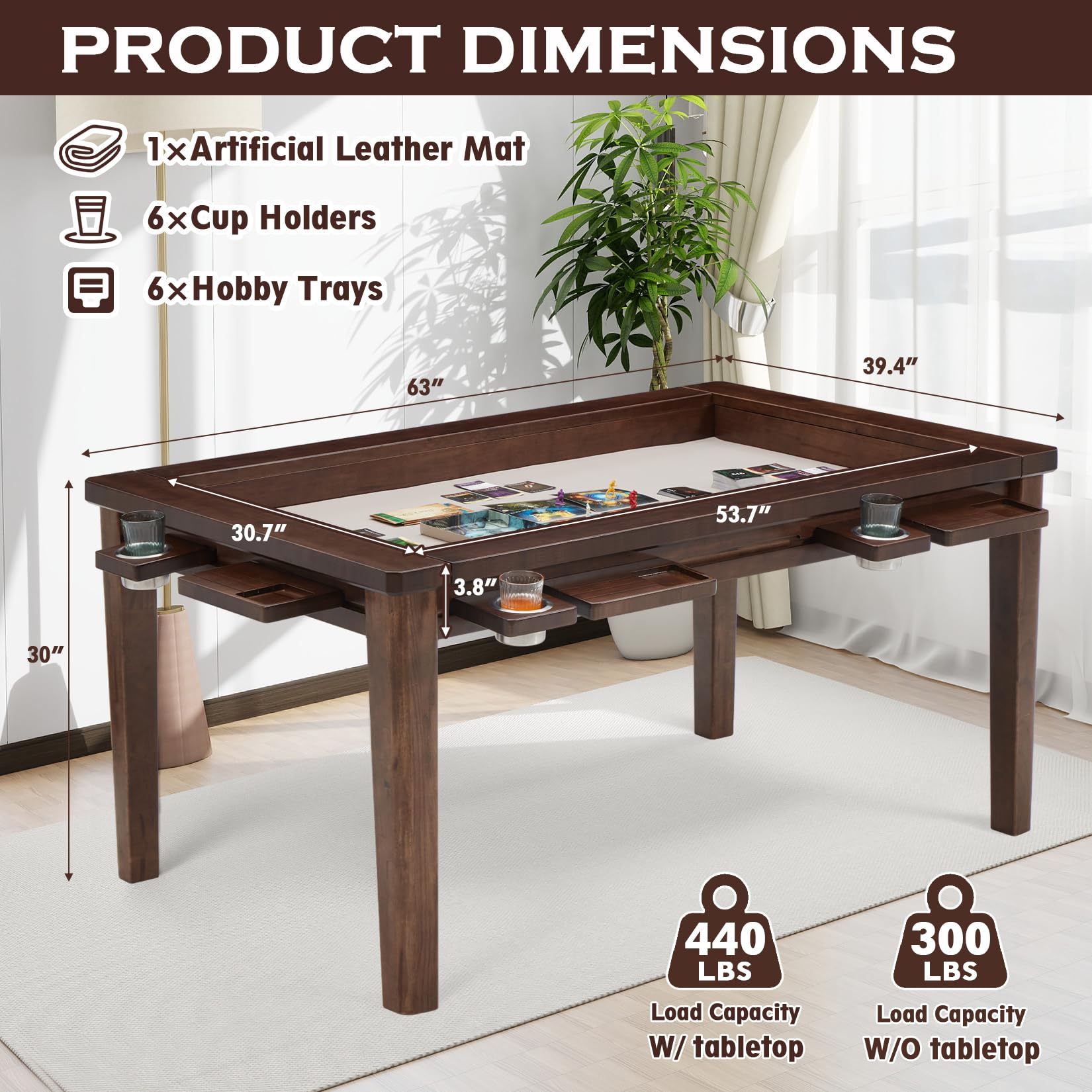 Haddockway 63" ×39“ Board Game Table with Removable Table Top, Solid Wood Game Table for 4-6 Players, DND Table with Play Mat, 6 Detachable Cup Holders & 6 Hobby Trays (): Warm Walnut