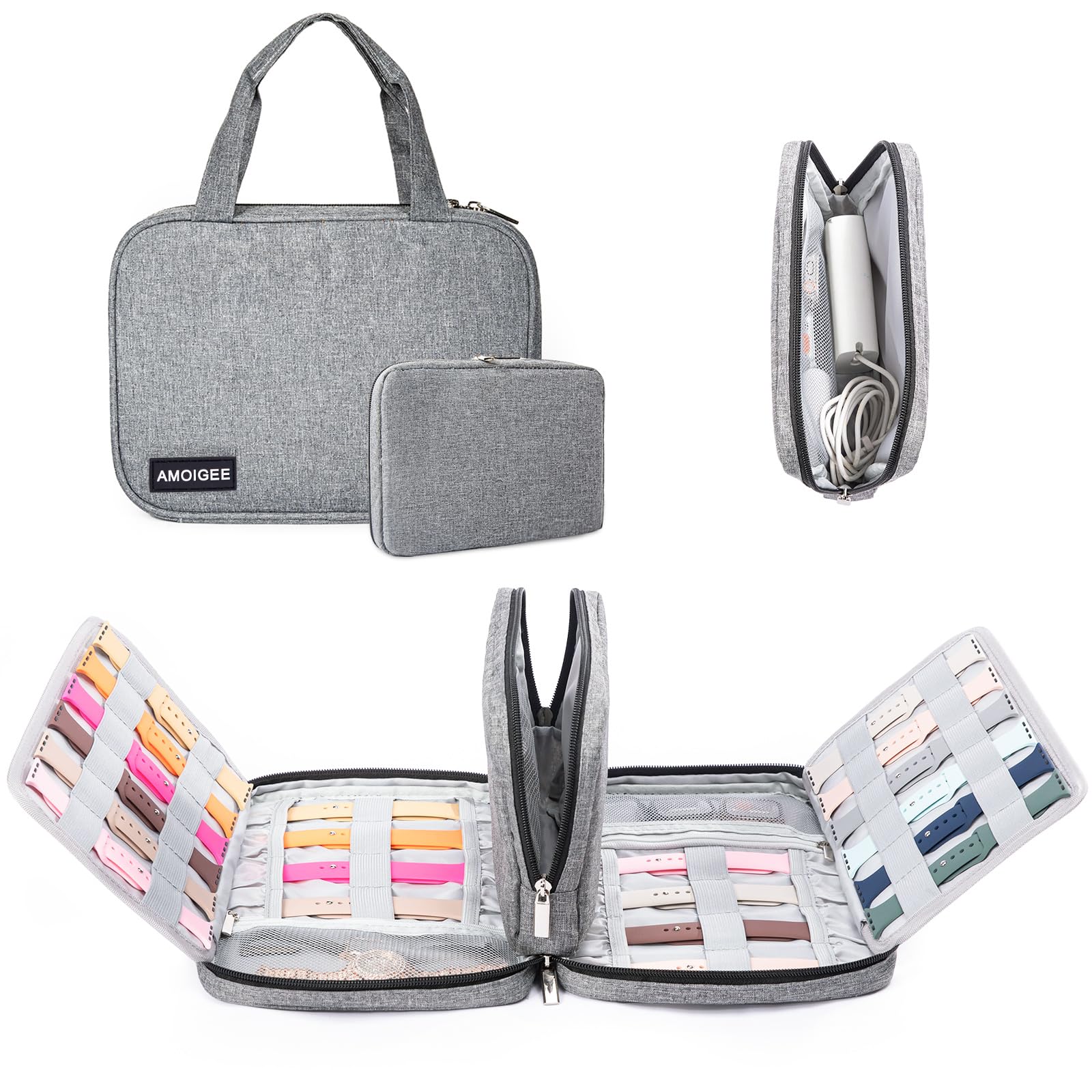 AMOIGEE 2 in 1 Watch Band Case Organizer for 40 Straps, Storage Compatible With Apple Watch, Accessories for 38mm/40mm/44mm, Grey