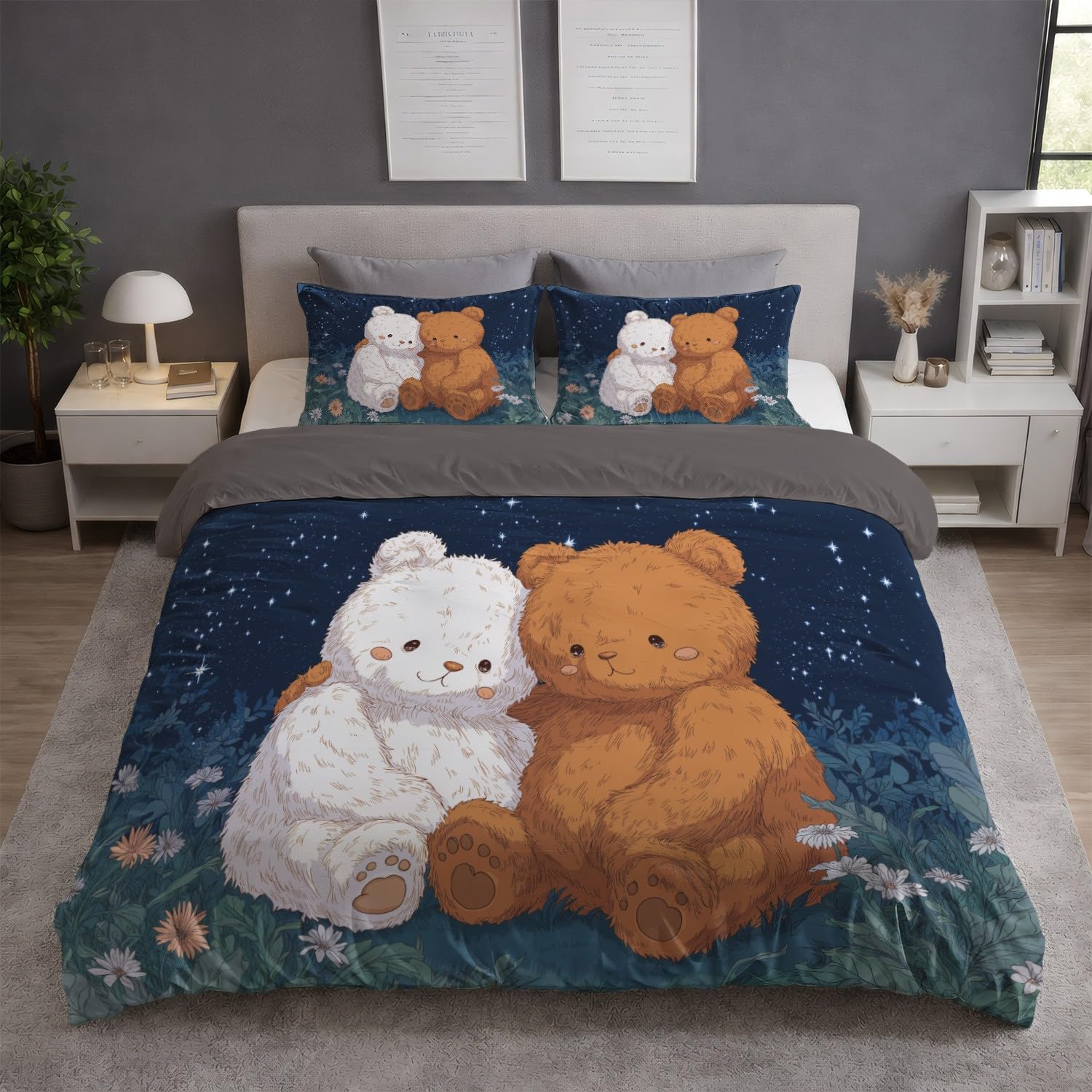 Poszwa na kołdrę 180 x 220 cm dziecięca anime - zestaw pościeli z miękkiej mikrofibry biały brązowy uroczy miś odwracalne kwiaty, dla nastolatków z zamkiem błyskawicznym 2 poszewki na poduszki 65x65