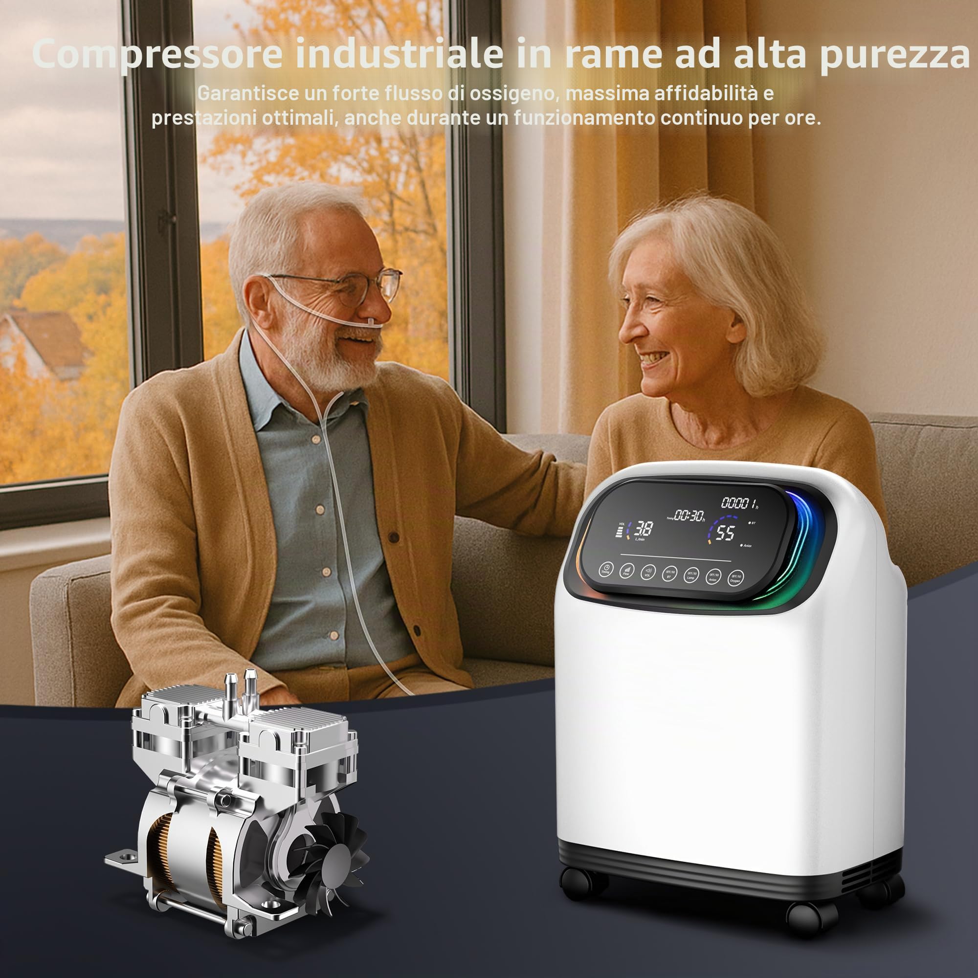Concentratore di ossigeno, fornisce ossigeno altamente concentrato al 93% e livelli regolabili da 1 a 8. Con telecomando, ruote girevoli per una mobilità fluida e pratica maniglia per il