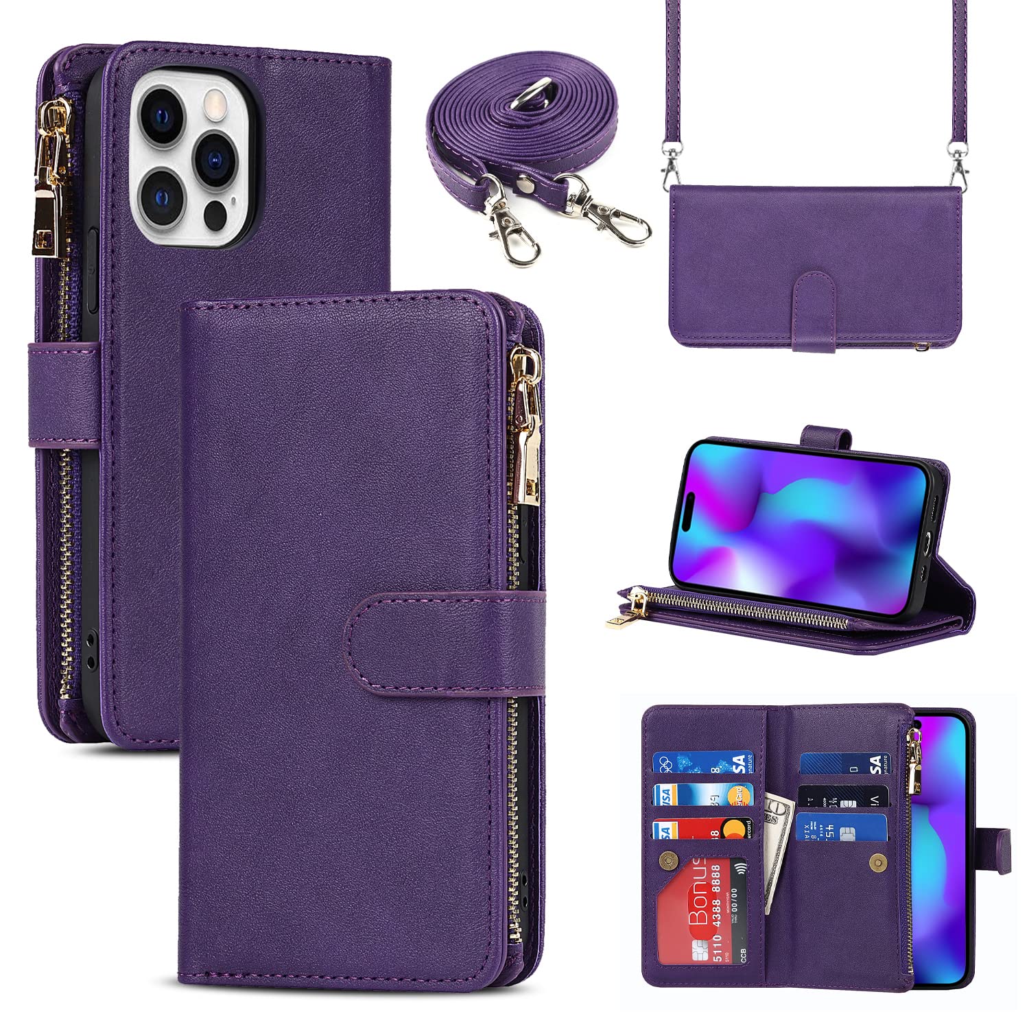 ✨匿名配送✨ SUANPOT iPhone 14ウォレットケース パープル Amazon.com: Cavor for iPhone 14 Pro Max Case Wallet for Women Men
