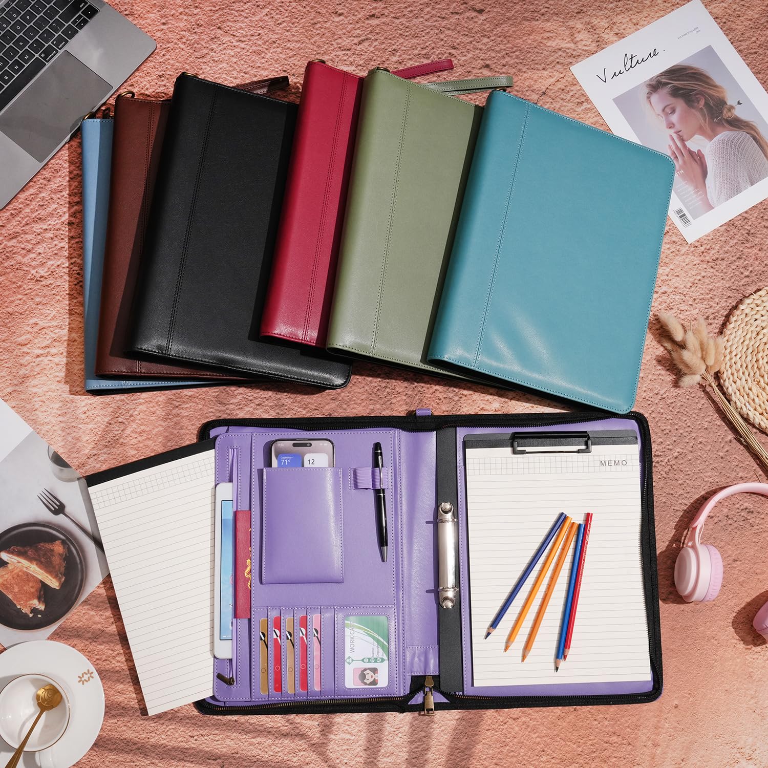 Wason A4 Reißverschluss Kunstleder Schreibmappen Padfolio mit abnehmbarem Ringbinder Portfolio und Schreibblock-Halter, Konferenzmappe mit Mehrfachtaschen für Büro Reise Schule (Rot)