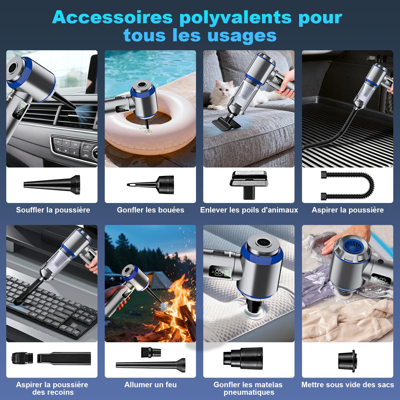 Aspirateur à main sans fil 4 en 1, 32000 PA puissant, aspirateur à main de voiture, 3 vitesses 300 000 tr/min, moteur sans brosse, écran LCD, pour voiture, bureau
