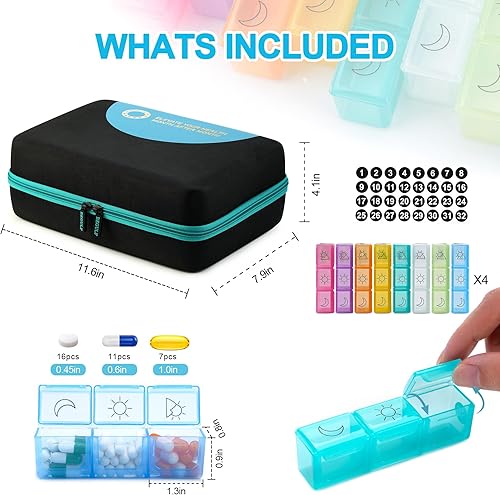 Miniatura 6 de BEGULF Organizador mensual de pastillas a prueba de caídas 3 veces al día, organizador de pastillas de viaje de 30 días con 32 compartimentos