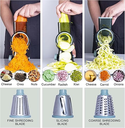 Miniatura 4 de Rallador giratorio de queso, rallador de queso de mano con base de succión fuerte, rebanador de verduras de cocina, 3 cuchillas de tambor inoxidable