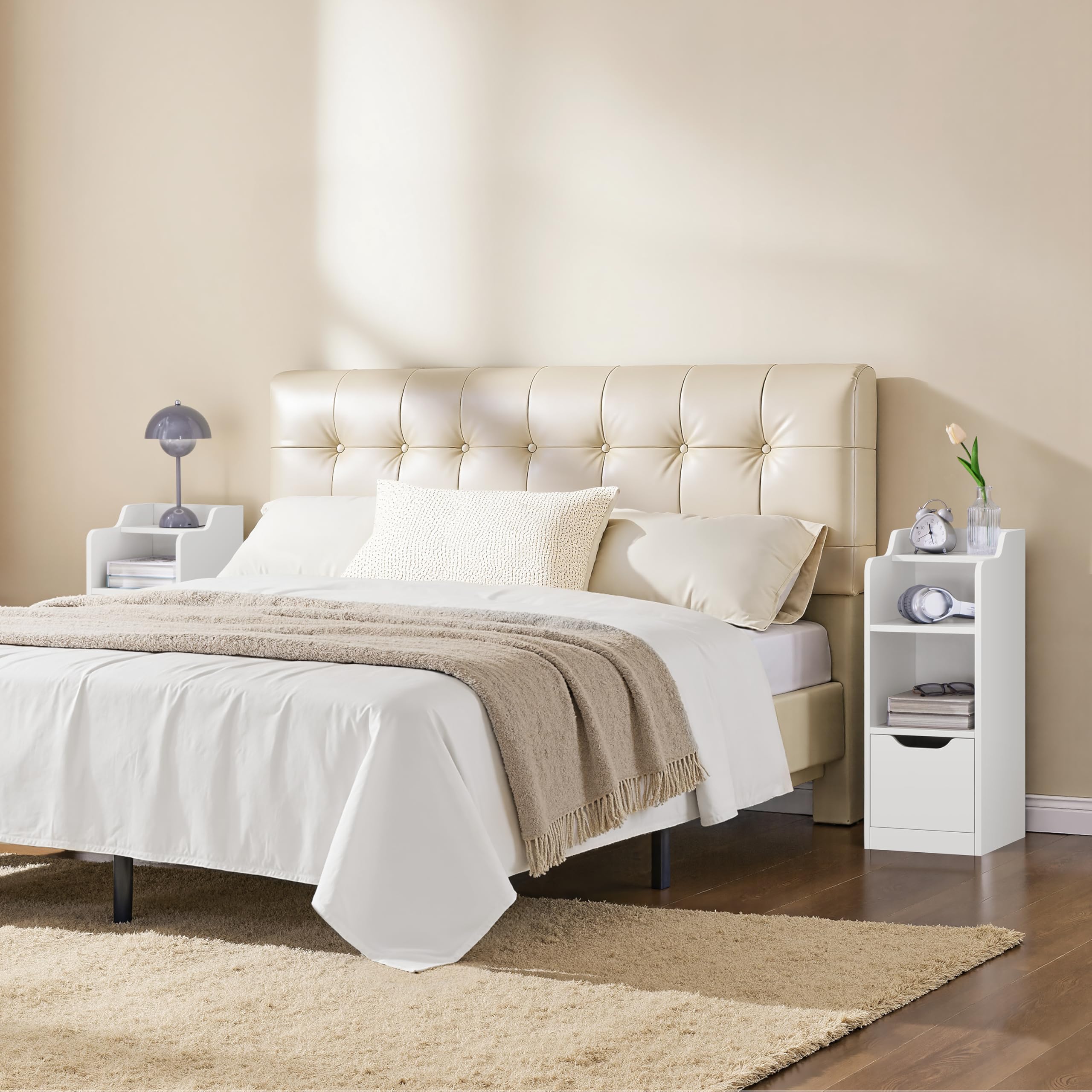 Yaheetech Comodino Stretto, Comodino con Cassetto, 2 Scomparti Apert e Ripiano Superiore, Tavolino da Notte Salvaspazio per Camera da Letto, Soggiorno, Bianco 25 x 35 x 65 cm