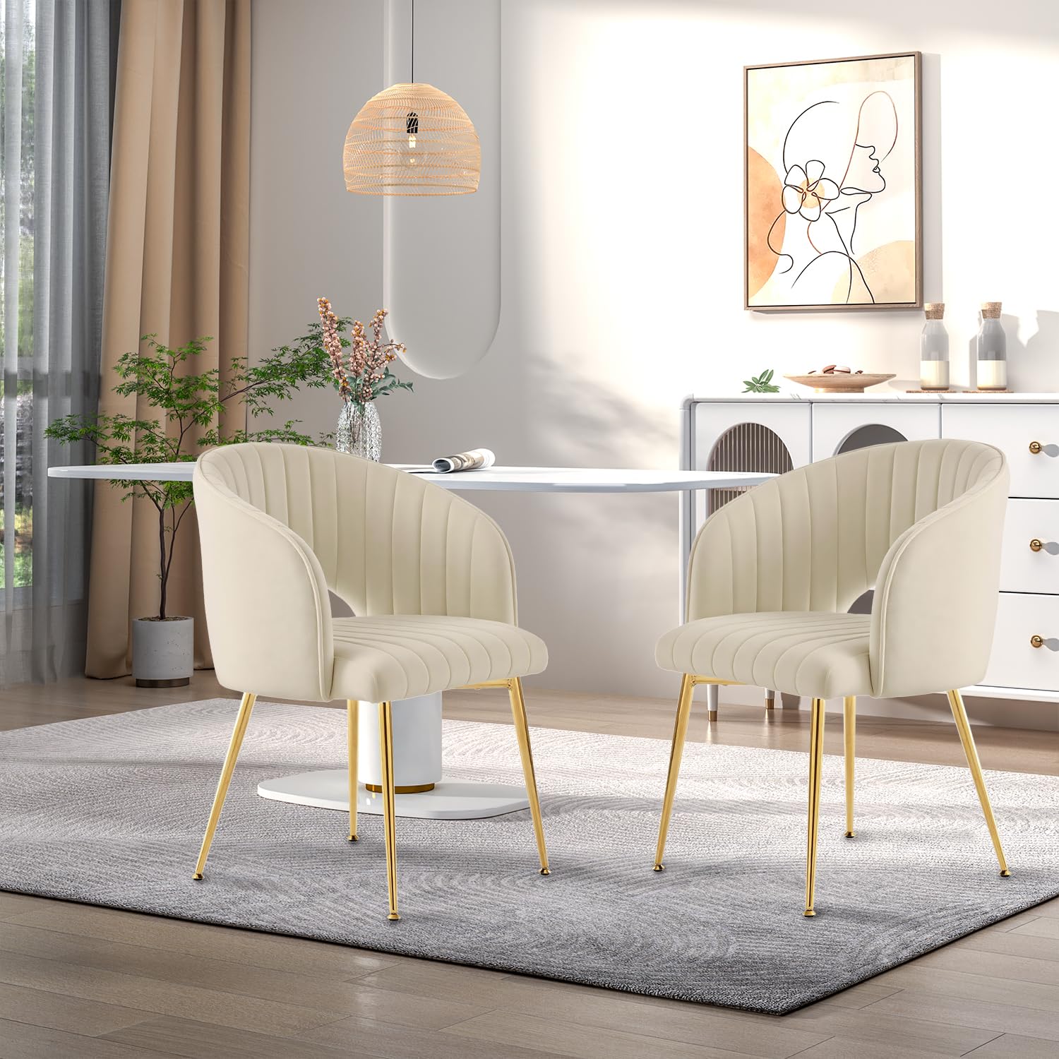 Set di 4 sedie da pranzo in velluto con gambe imbottite e gambe color crema bianco, sedie da cucina moderne per soggiorno, camera da letto, ufficio