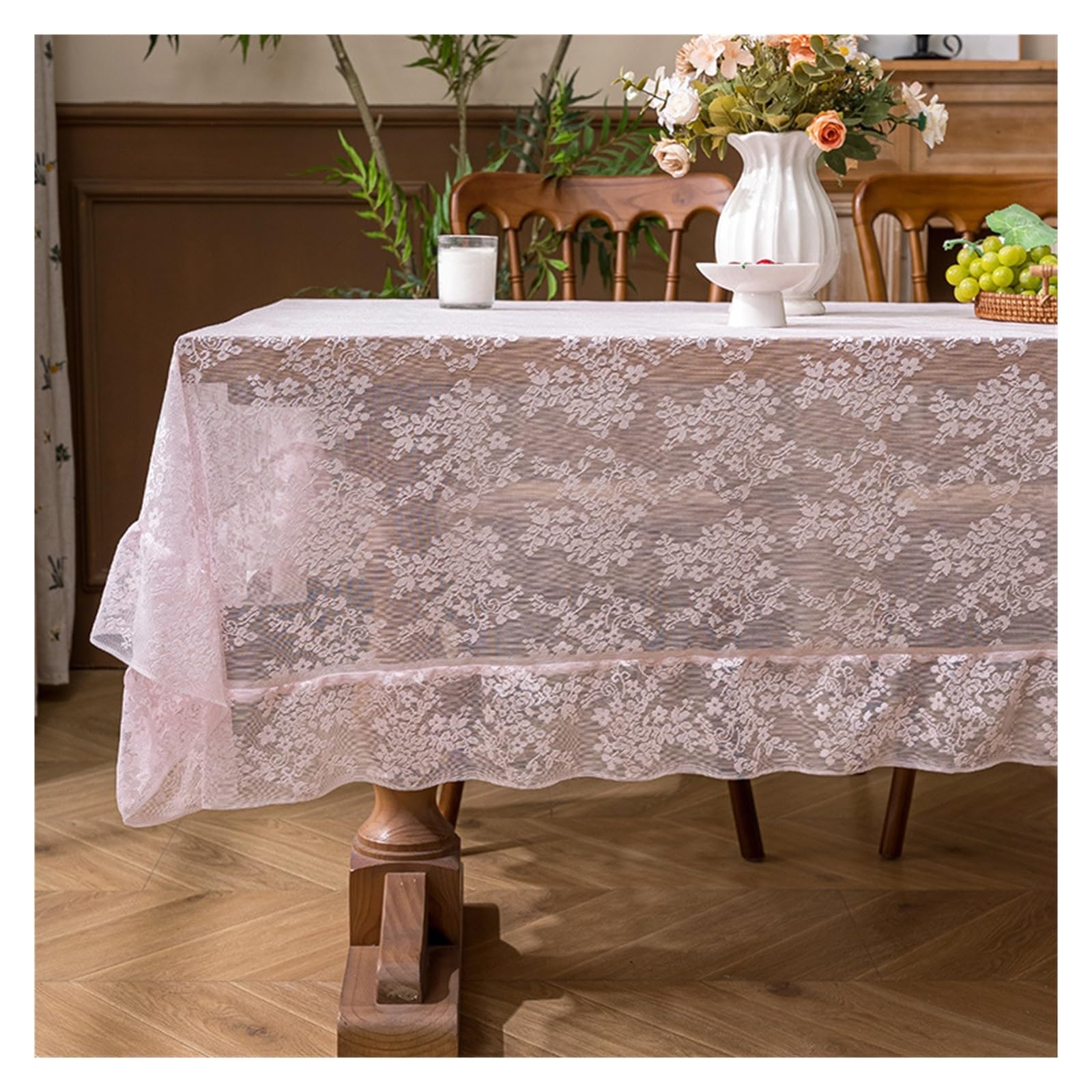 NJIEzhao Embroidered Lace Tablecloth Embroidered Lace Tablecloth Elegant Floral Rectangular Hollow Out Decorative Table Cover(Pink,140x100cm)