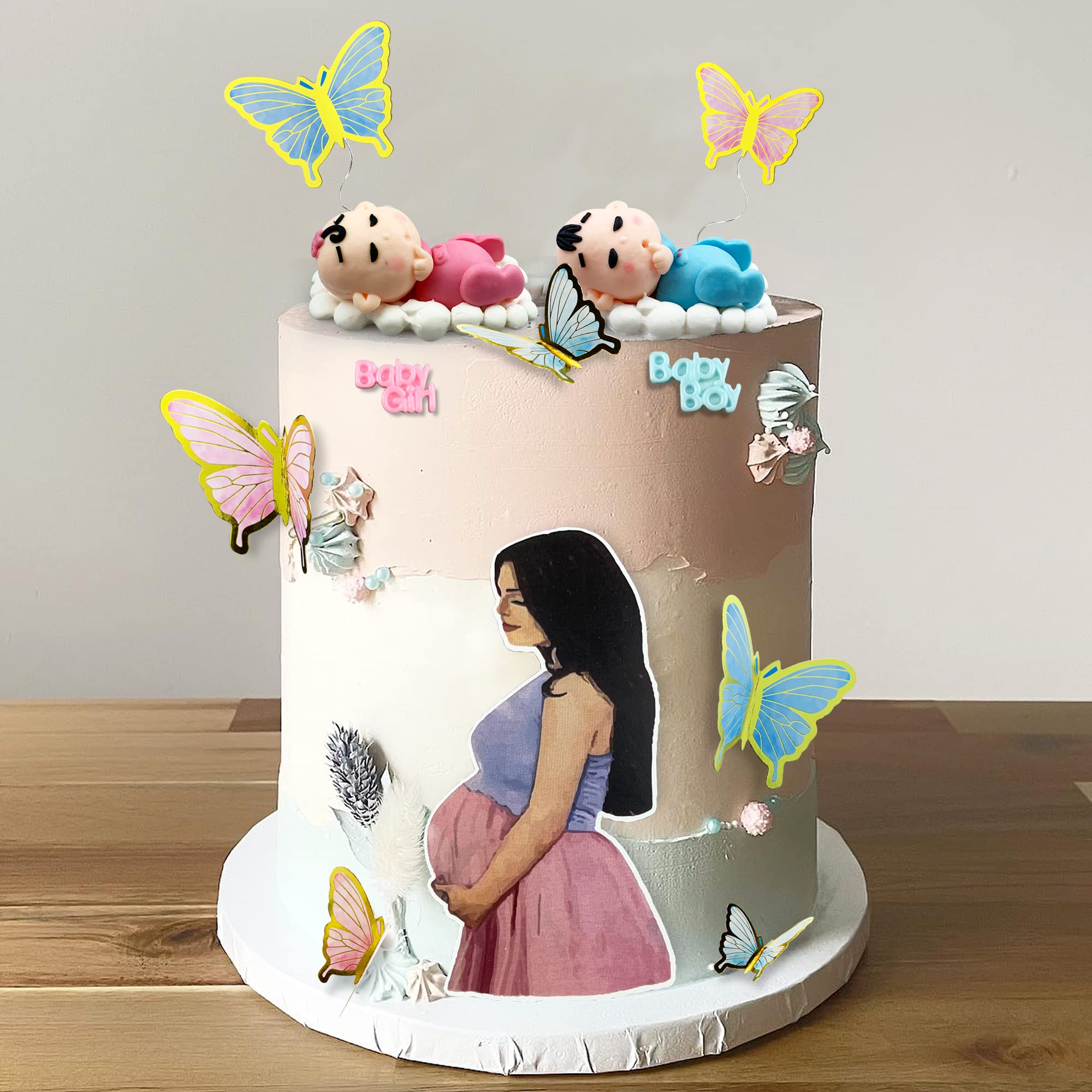 25 PCS Gender Reveal Cake Decoration Butterfly Pregnant Woman Cake Topper Blue Pink Baby Boy Girl Cake Topper for Baby Shower Party Supplies