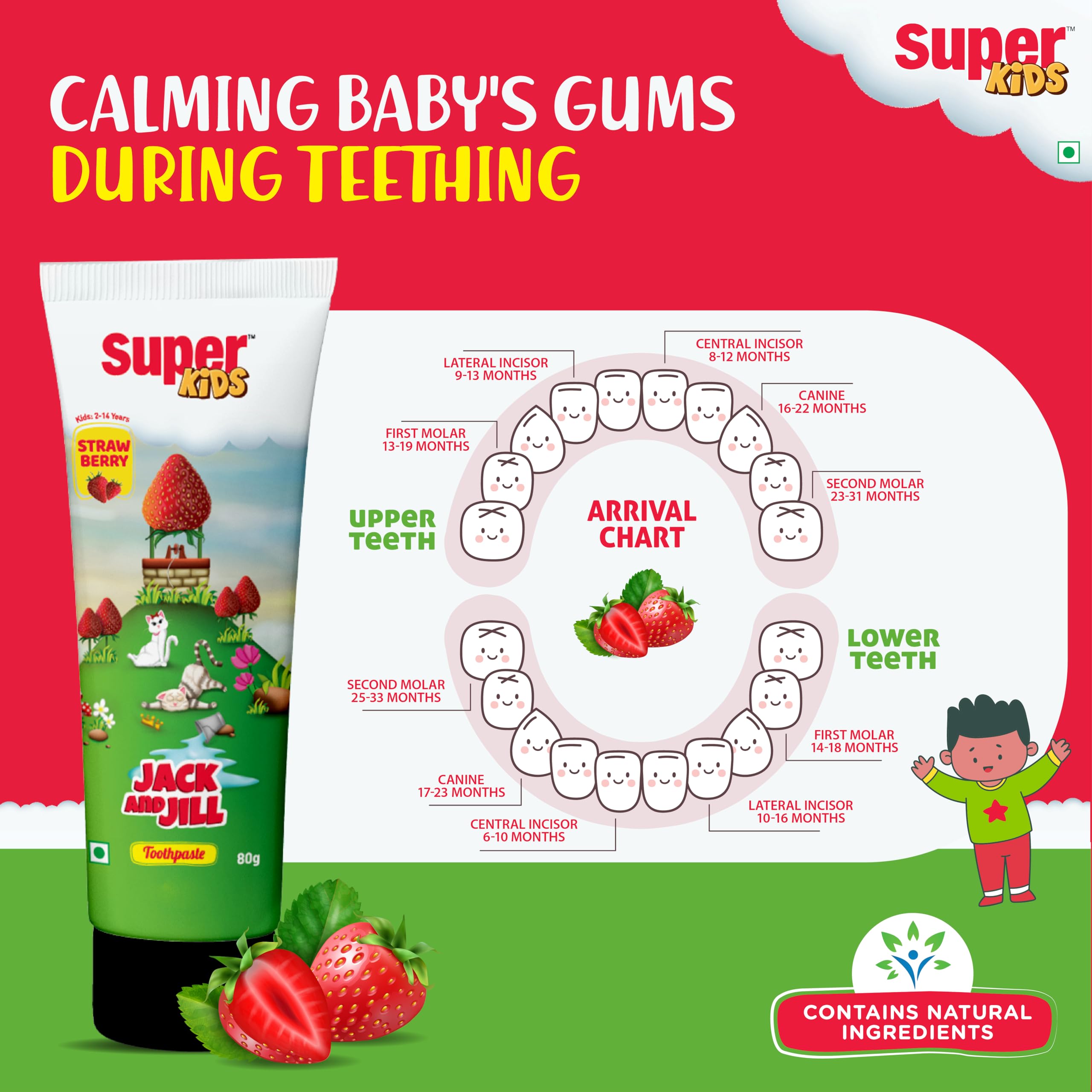 Super Kids Jack and Jill Strawberry Toothpaste for Kids 2-5 years | Baby toothpaste For Cavity Protection, Strawberry Flavoured) 50 Gm