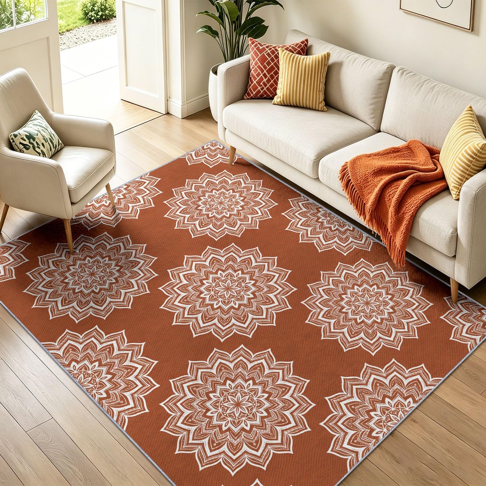 Tapis de Salon 160 x 230 cm, Marron Bohème Style Ethnique Poil Ras Tapis