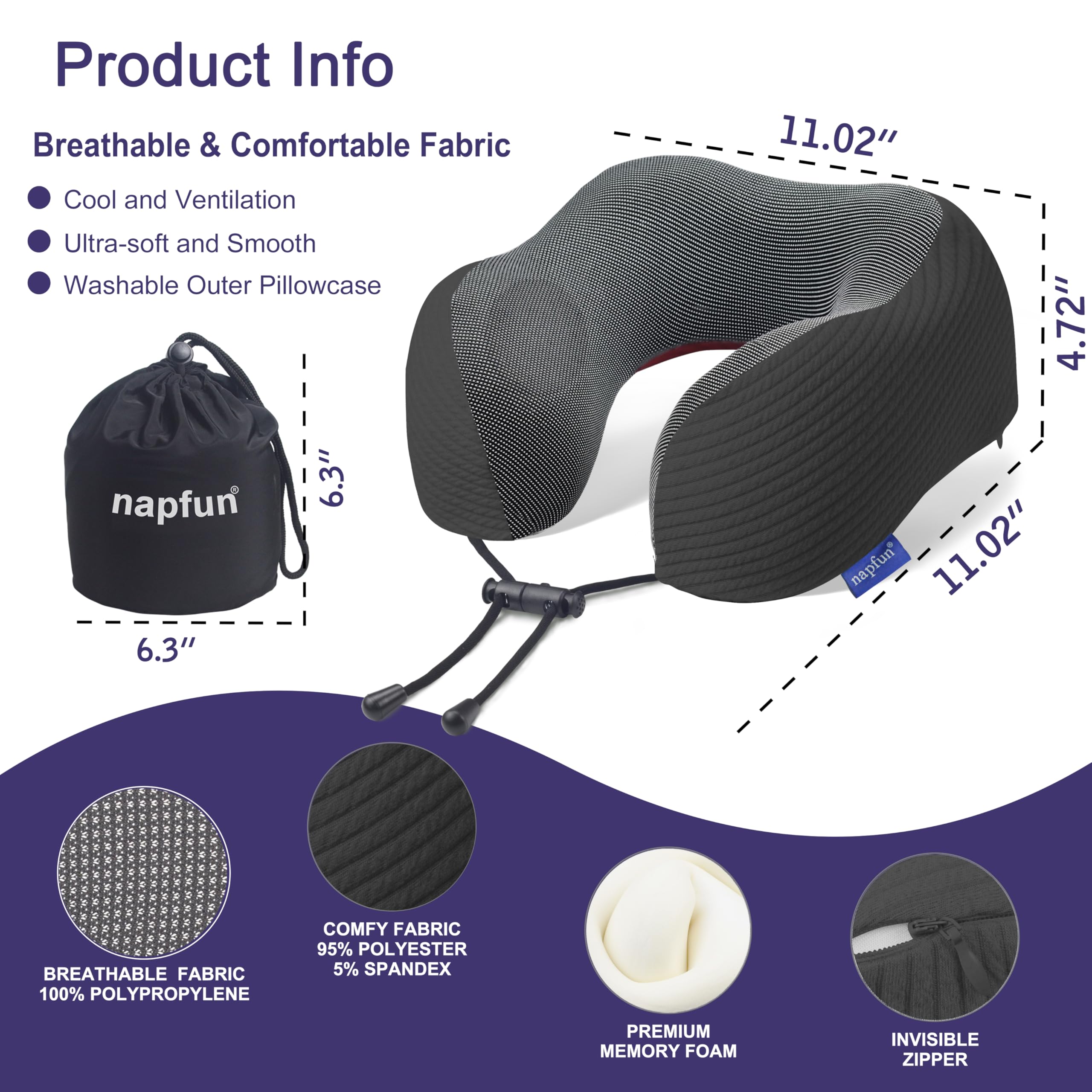 napfun Neck Pillow for Travel, Memory Foam Airplane Pillow, Charcoal Black view 2