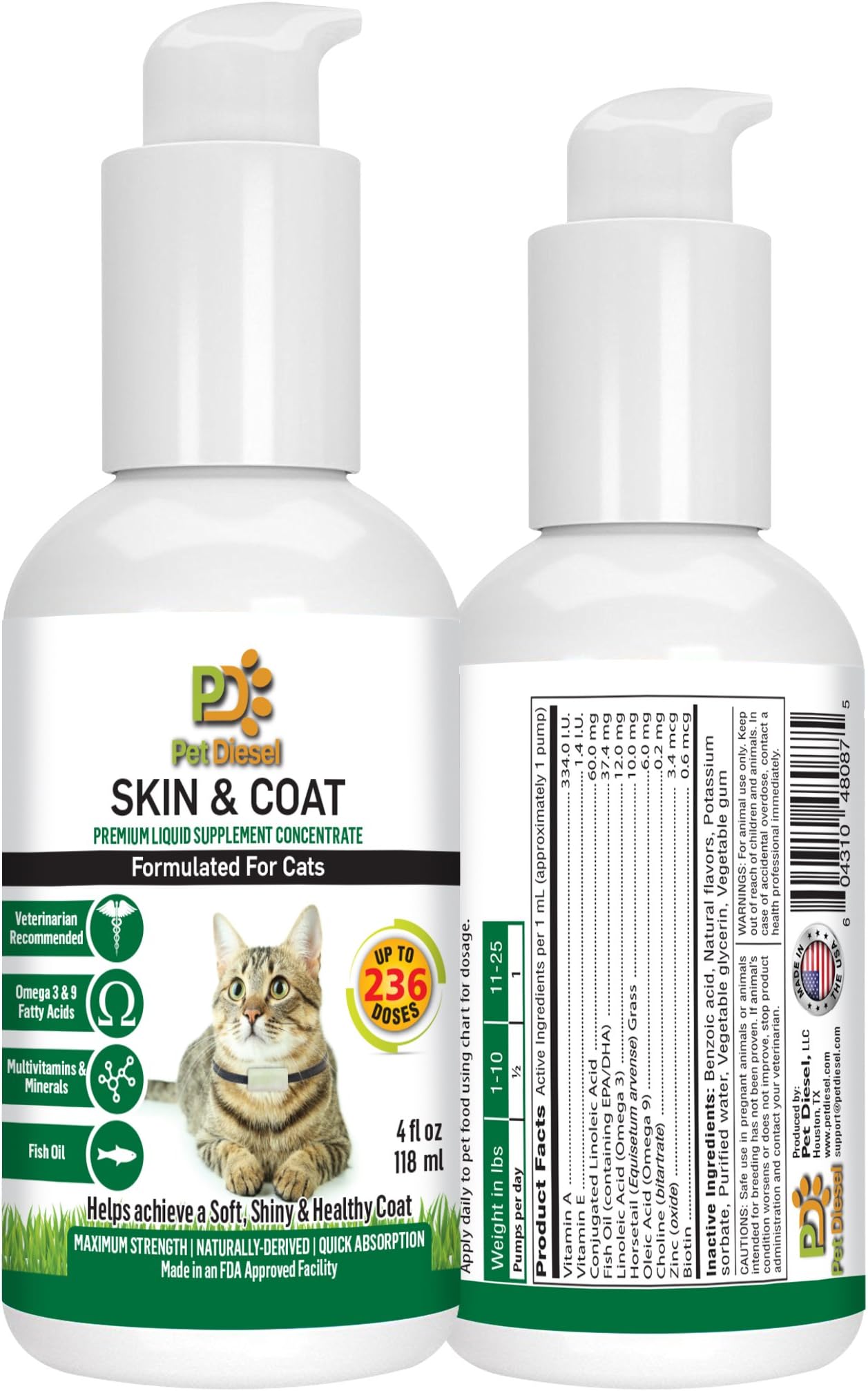 Skin & Coat Liquid Supplement for Cats | Naturally Derived Formula | Omega 3 6 & 9 Fatty Acids, Vitamins A & E, Fish Oil for Itchy Dry Skin & Shedding | Treatment for Healthy Skin & Fur