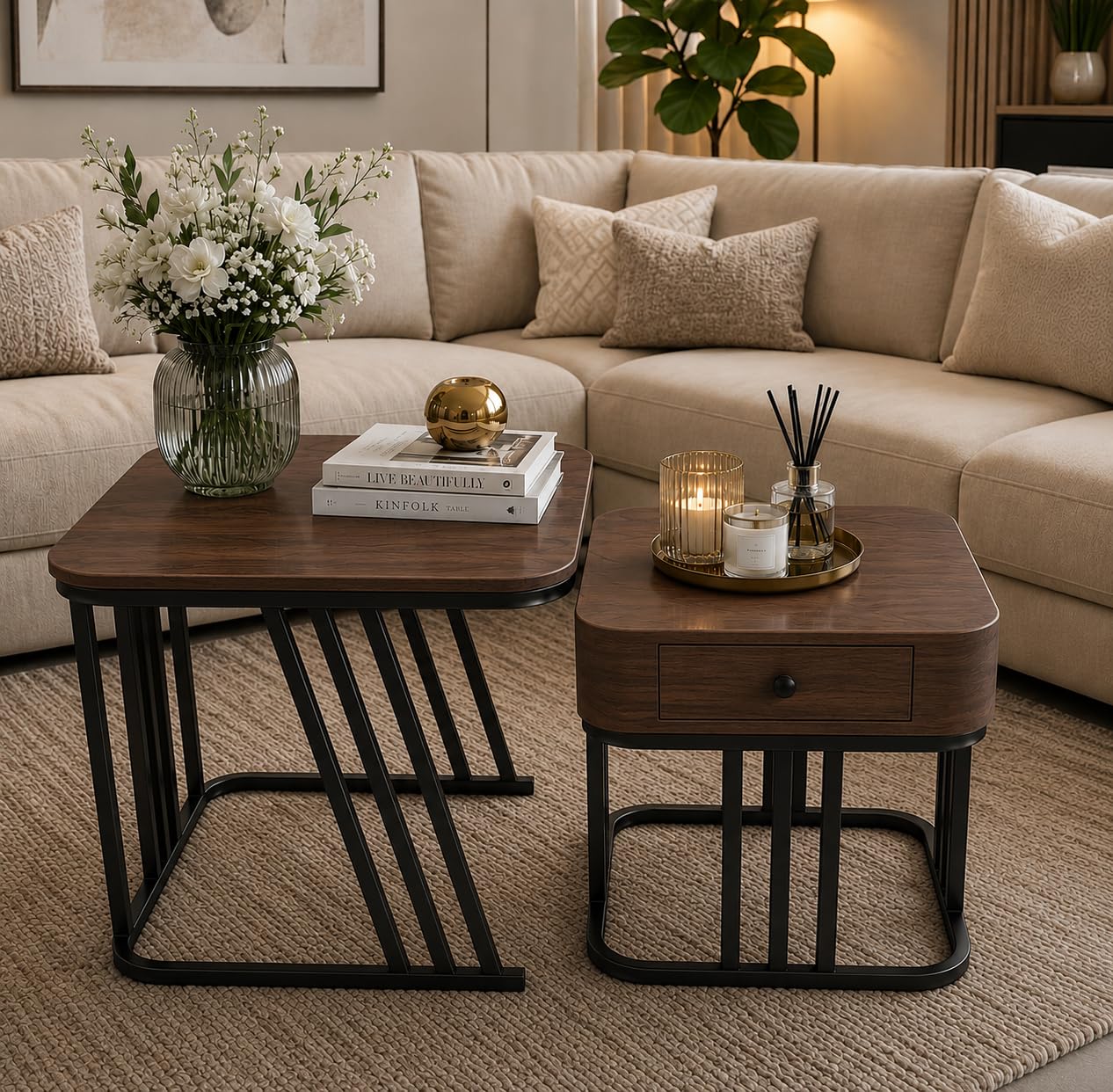 Nesting Coffee Table Set of 2, Modern Marble Finish Top with Drawer Gold Metal Frame, Stackable Center Tables for Living Room, Small Space Cocktail Tables for Apartment & Office (Black Walnut)-image-12